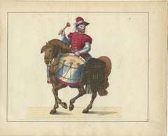 19th-Century Hand-Coloured Print of a Drummer on Horseback in Medieval Attire