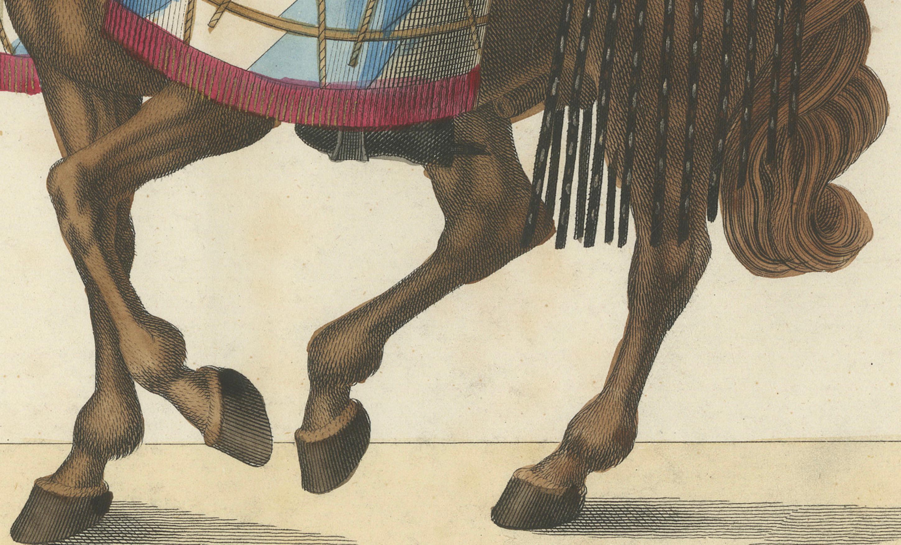 Impression collectionnée à la main du 19e siècle représentant un tambour à cheval en tenue médiévale Bon état - En vente à Langweer, NL