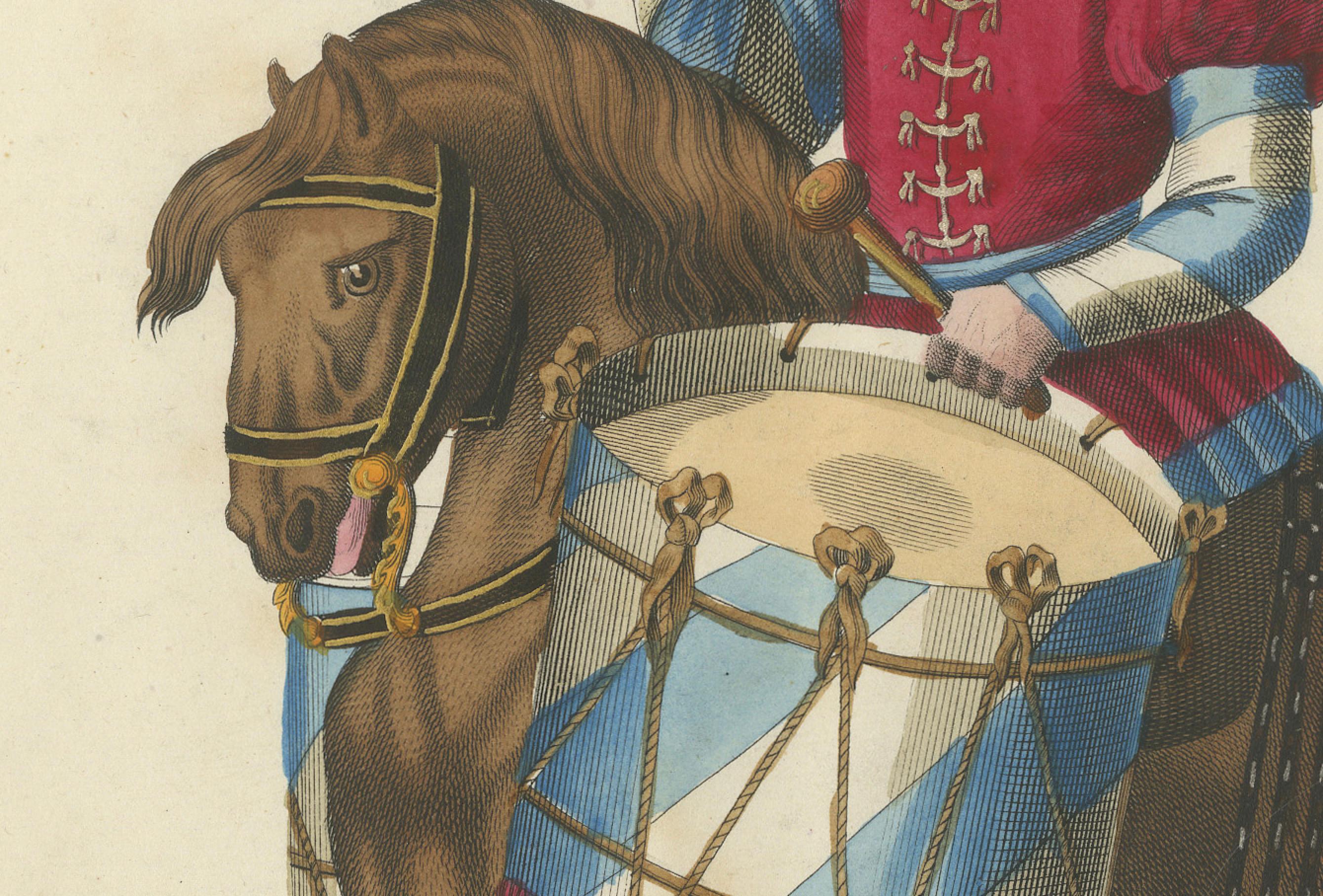 Milieu du XIXe siècle Impression collectionnée à la main du 19e siècle représentant un tambour à cheval en tenue médiévale en vente