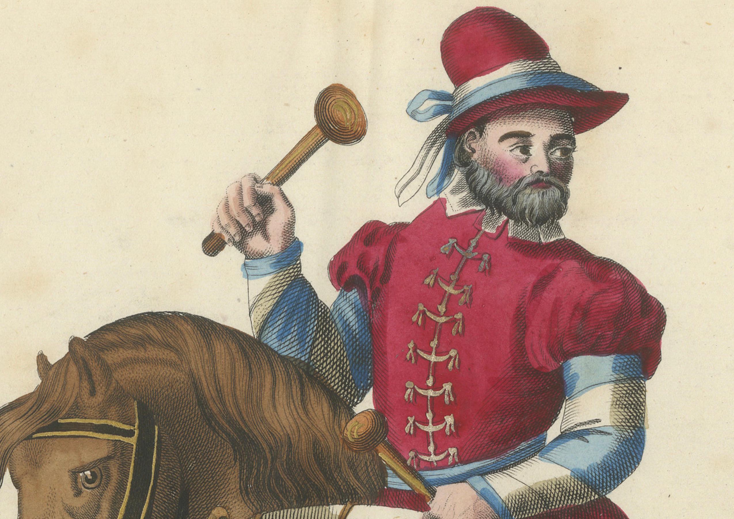 Papier Impression collectionnée à la main du 19e siècle représentant un tambour à cheval en tenue médiévale en vente