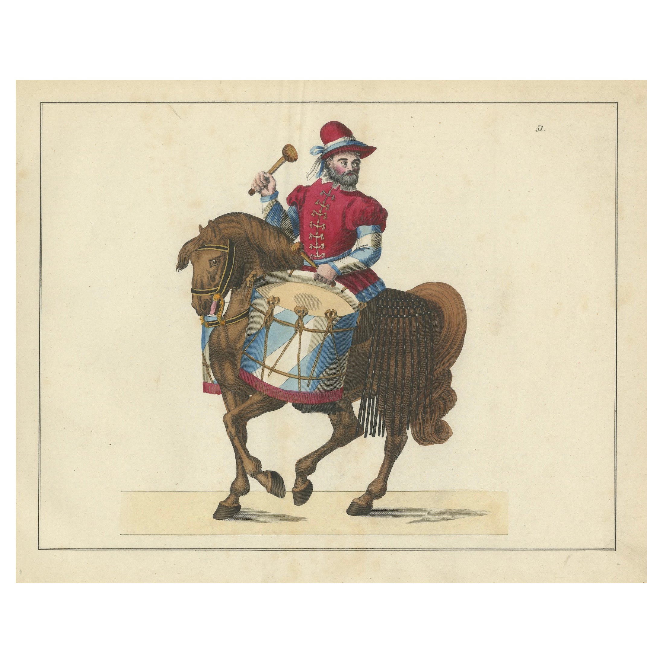 19th-Century Hand-Coloured Print of a Drummer on Horseback in Medieval Attire