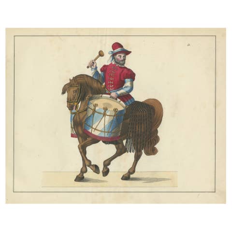 19th-Century Hand-Coloured Print of a Drummer on Horseback in Medieval Attire