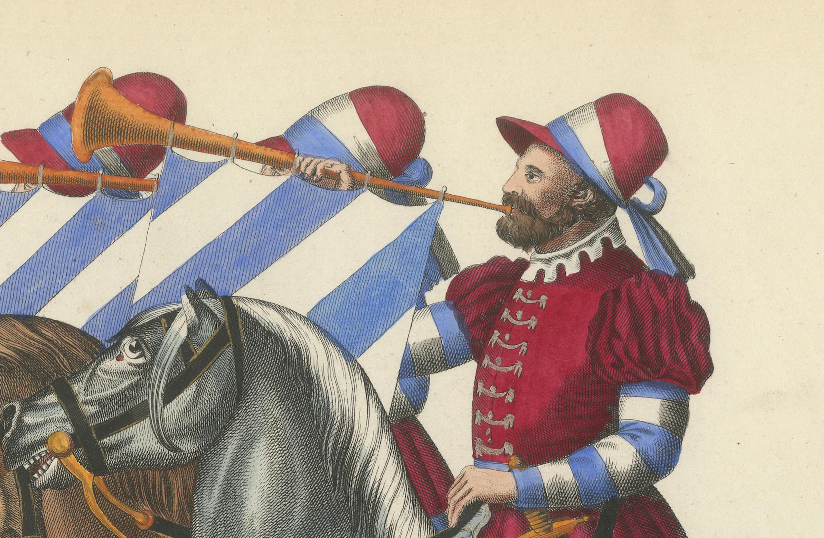 Gravure à la main du XIXe siècle représentant une procession avec chevaux et trompettes

Cette exceptionnelle lithographie originale coloriée à la main, datant du milieu du XIXe siècle, offre un aperçu captivant du faste et de la cérémonie d'une