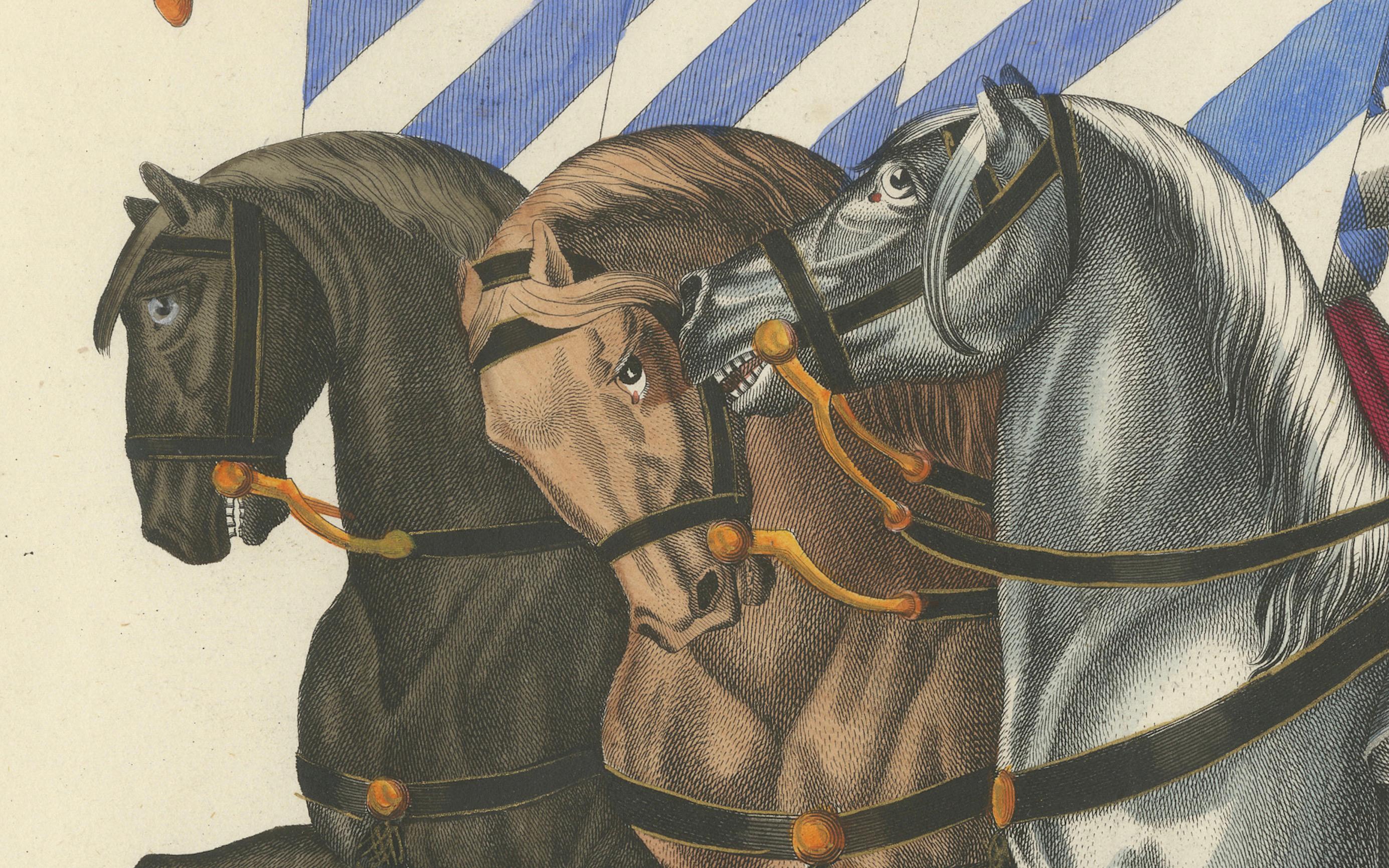 Gravure à la main du XIXe siècle représentant une procession avec chevaux et trompettes Bon état - En vente à Langweer, NL