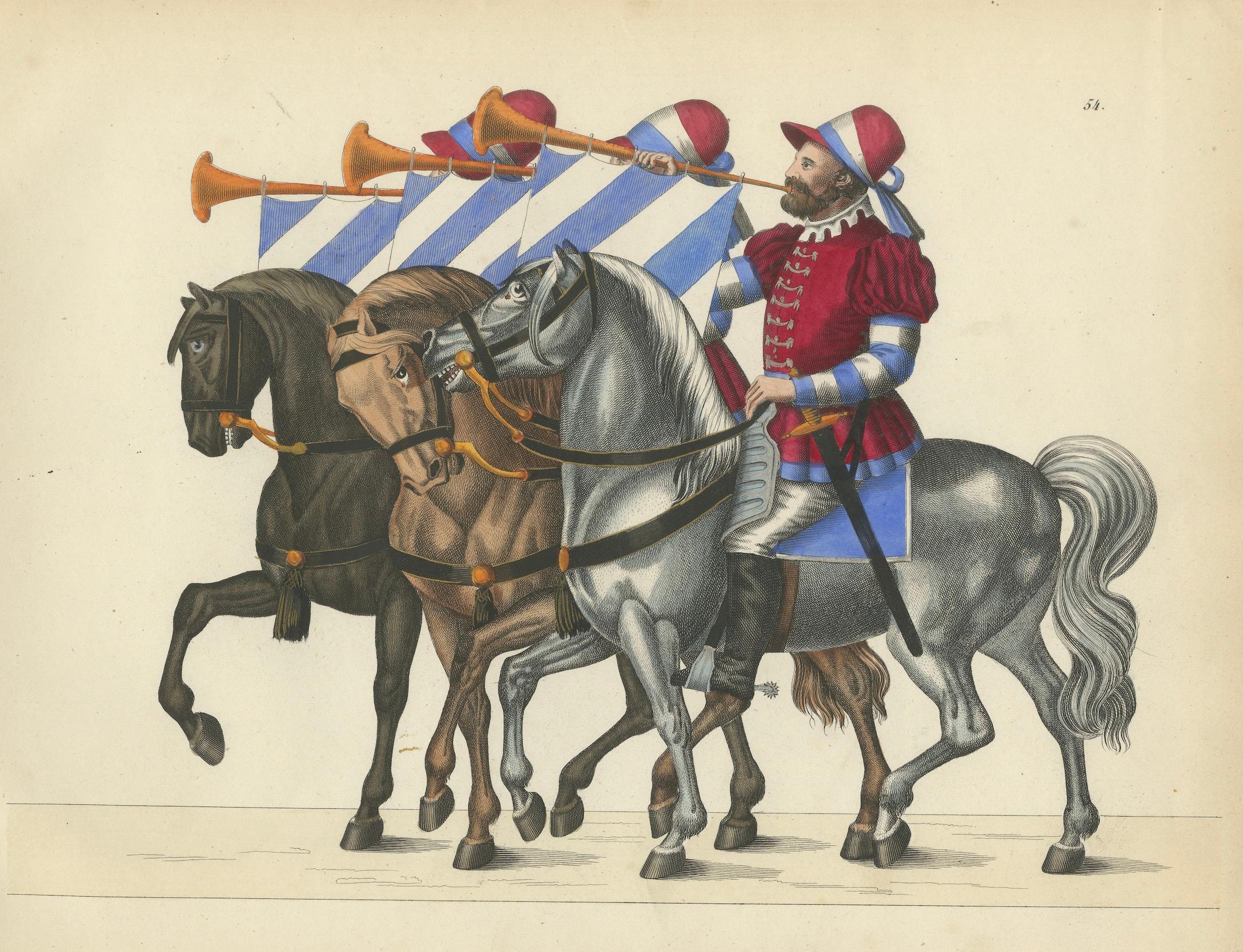 Milieu du XIXe siècle Gravure à la main du XIXe siècle représentant une procession avec chevaux et trompettes en vente