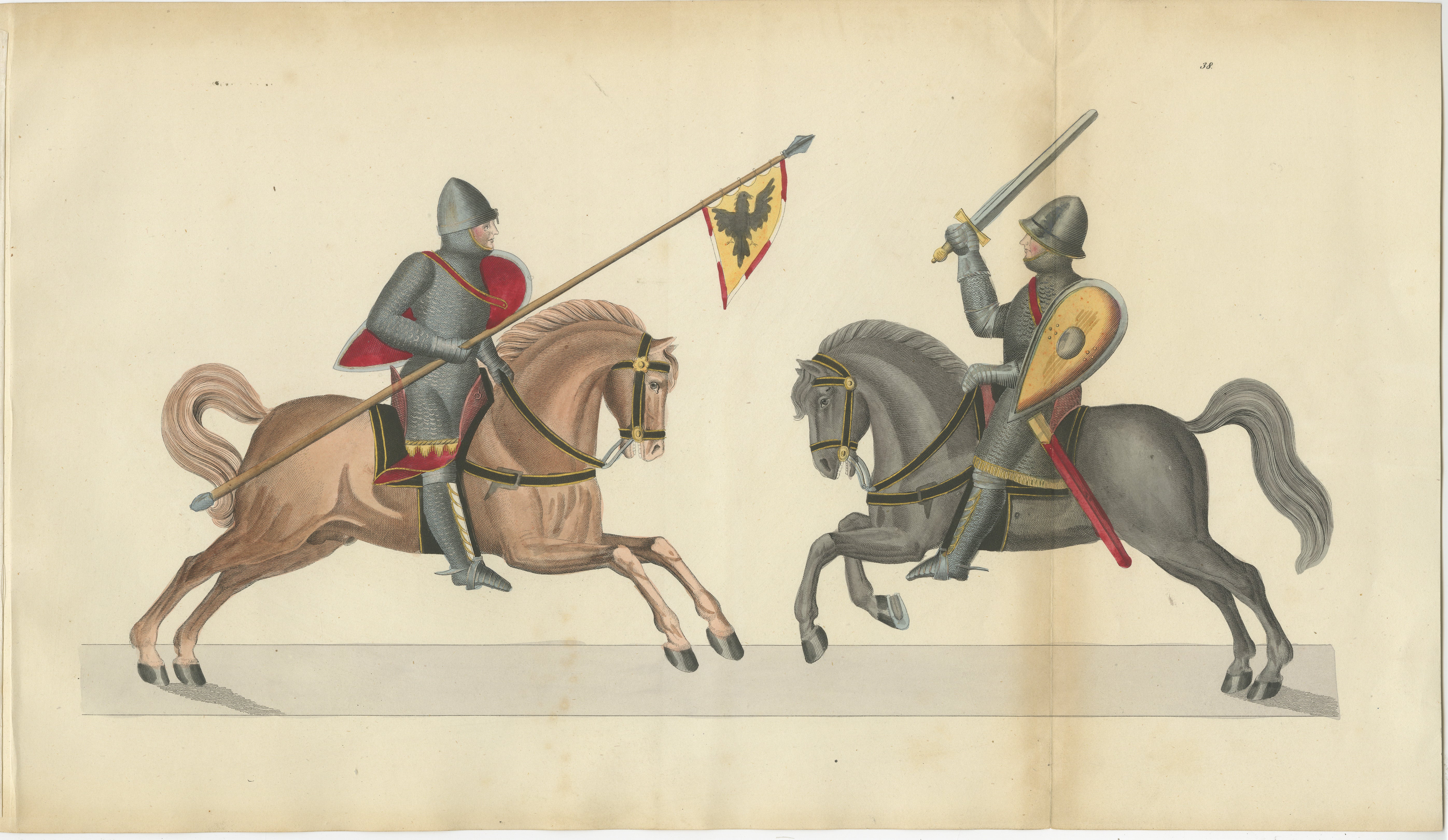  19th-Century Hand-Coloured Print of Armed Horsemen Bearing a Heraldic Banner

This original hand-coloured lithograph, produced in 1842, provides a captivating glimpse into the martial traditions and heraldic symbolism of European chivalry. It is