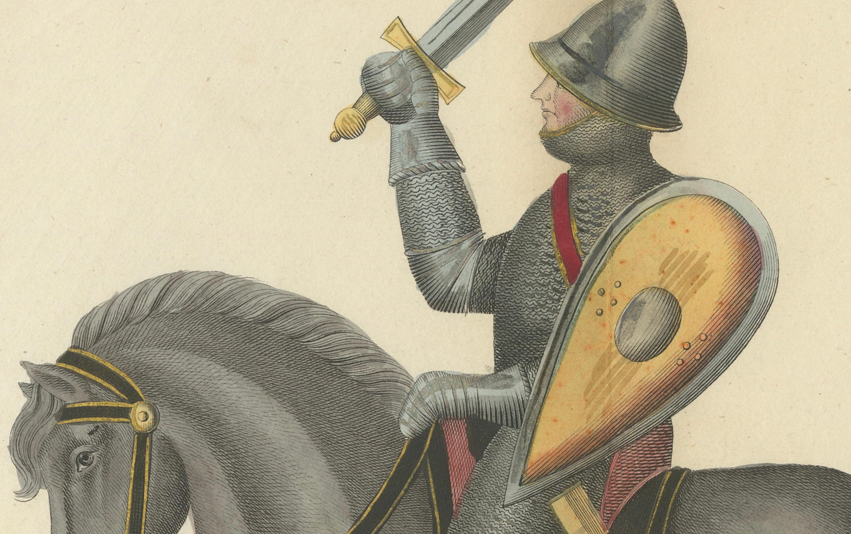 Mid-19th Century 19th-Century Hand-Coloured Print of Armed Horsemen Bearing a Heraldic Banner For Sale