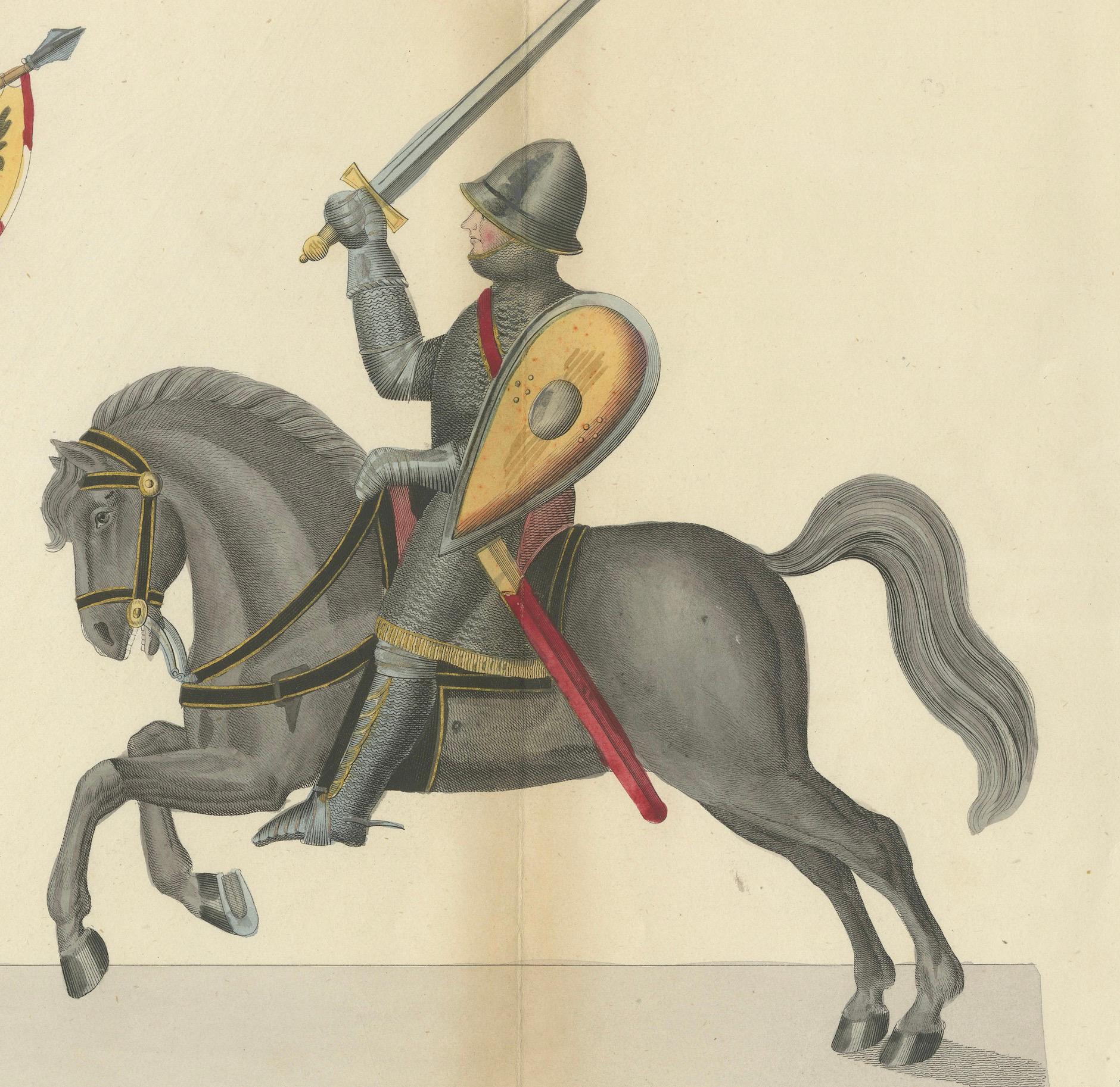 Paper 19th-Century Hand-Coloured Print of Armed Horsemen Bearing a Heraldic Banner For Sale