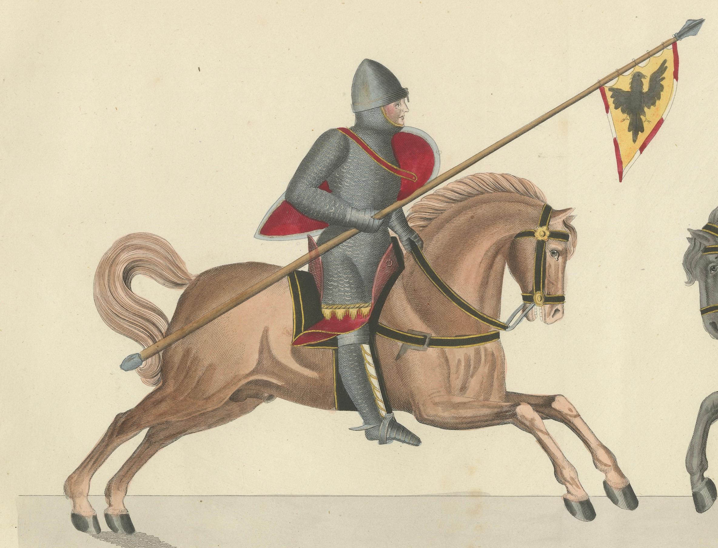 19th-Century Hand-Coloured Print of Armed Horsemen Bearing a Heraldic Banner For Sale 1