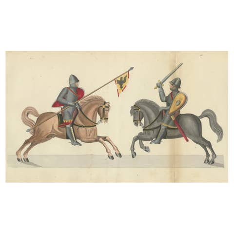 19th-Century Hand-Coloured Print of Armed Horsemen Bearing a Heraldic Banner