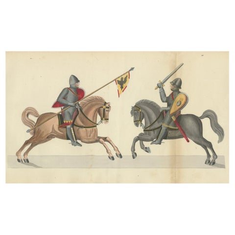 19th-Century Hand-Coloured Print of Armed Horsemen Bearing a Heraldic Banner