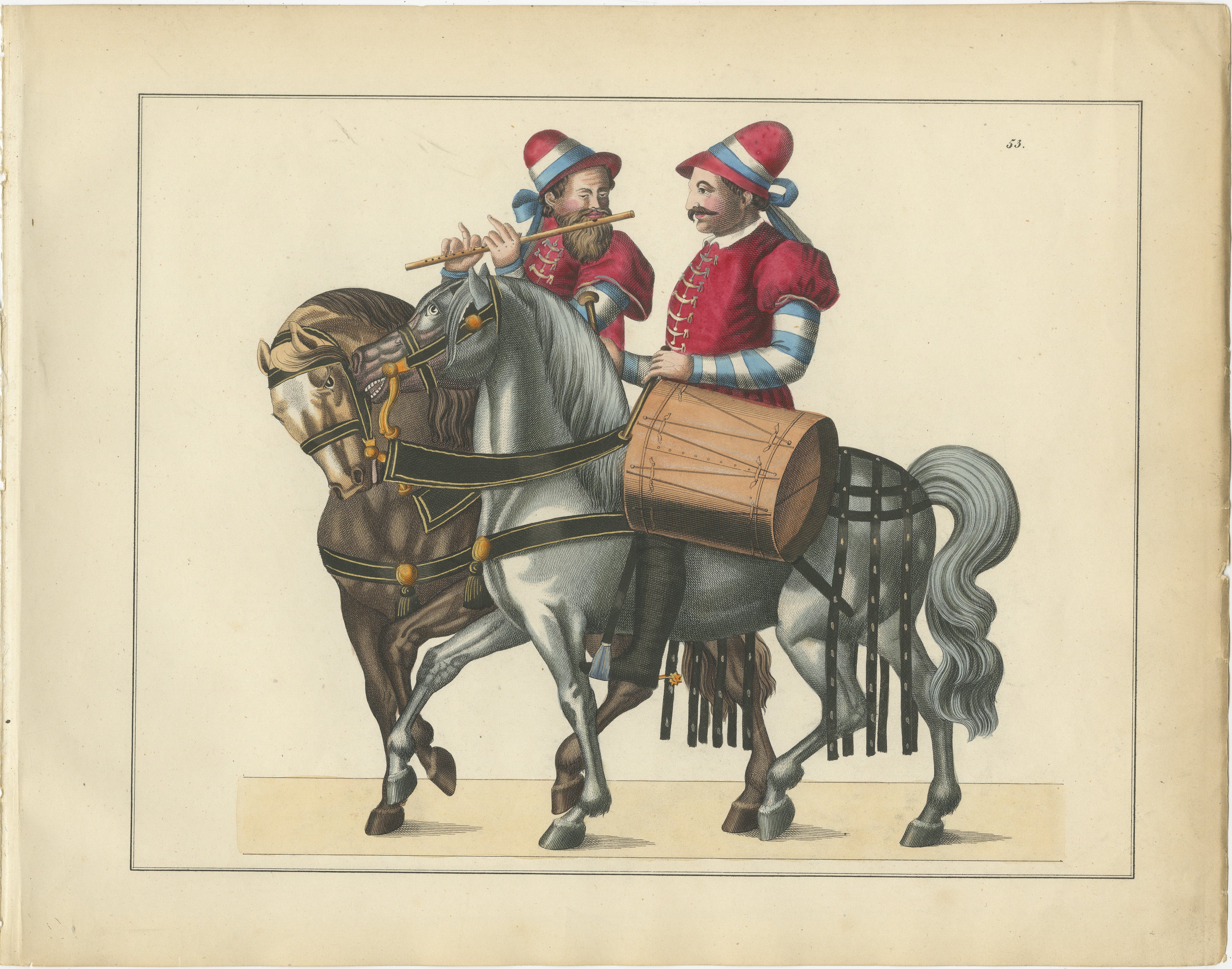 Impression collectionnée à la main du 19e siècle représentant des musiciens médiévaux à cheval

Cette captivante lithographie originale coloriée à la main, datant de 1842, offre un aperçu vivant du côté cérémoniel et festif de la culture médiévale.
