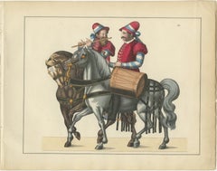 19th-Century Hand-Coloured Print of Medieval Musicians on Horseback