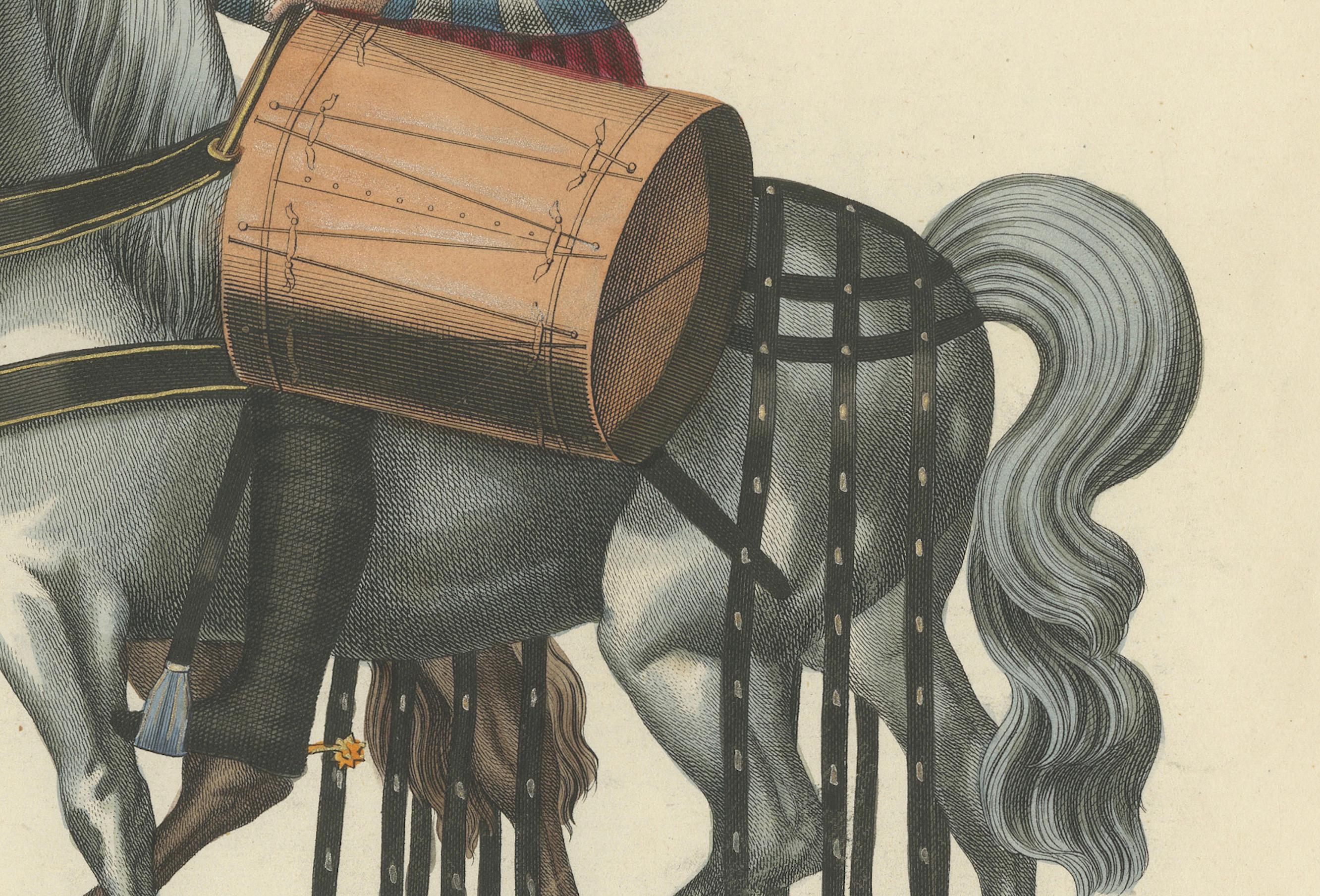 Impression collectionnée à la main du 19e siècle représentant des musiciens médiévaux à cheval Bon état - En vente à Langweer, NL