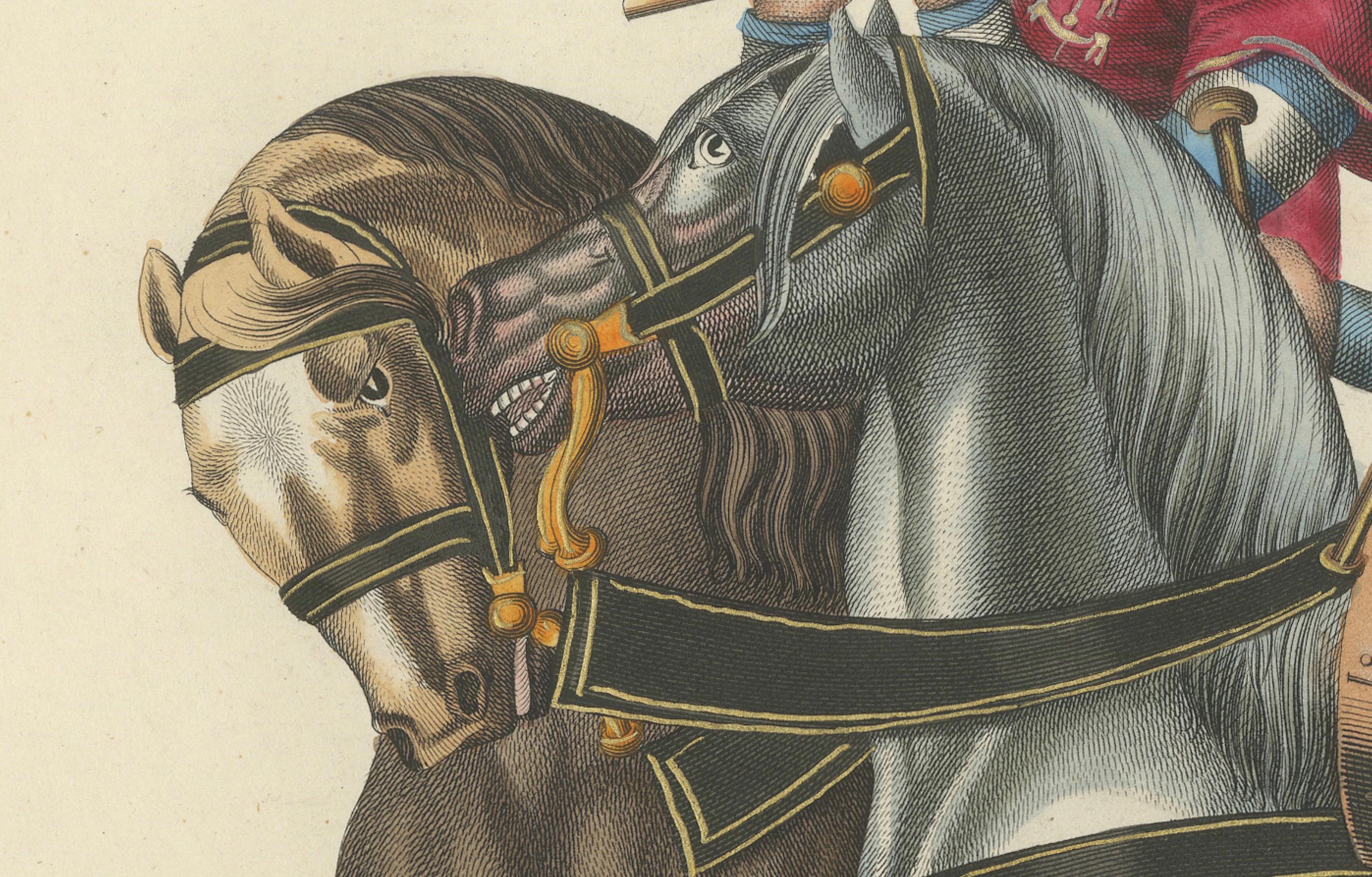 Milieu du XIXe siècle Impression collectionnée à la main du 19e siècle représentant des musiciens médiévaux à cheval en vente