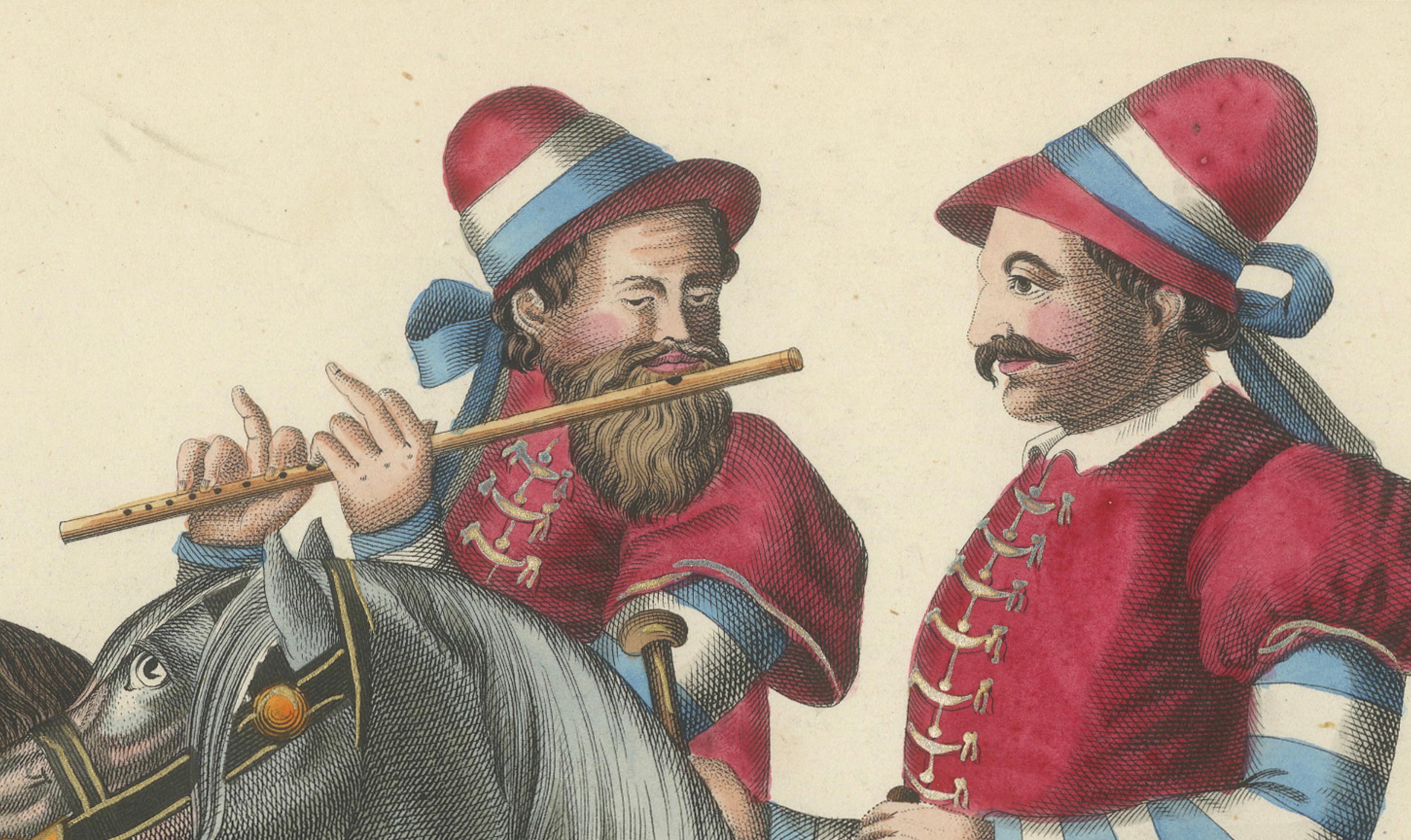Papier Impression collectionnée à la main du 19e siècle représentant des musiciens médiévaux à cheval en vente