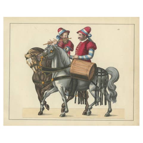 19th-Century Hand-Coloured Print of Medieval Musicians on Horseback