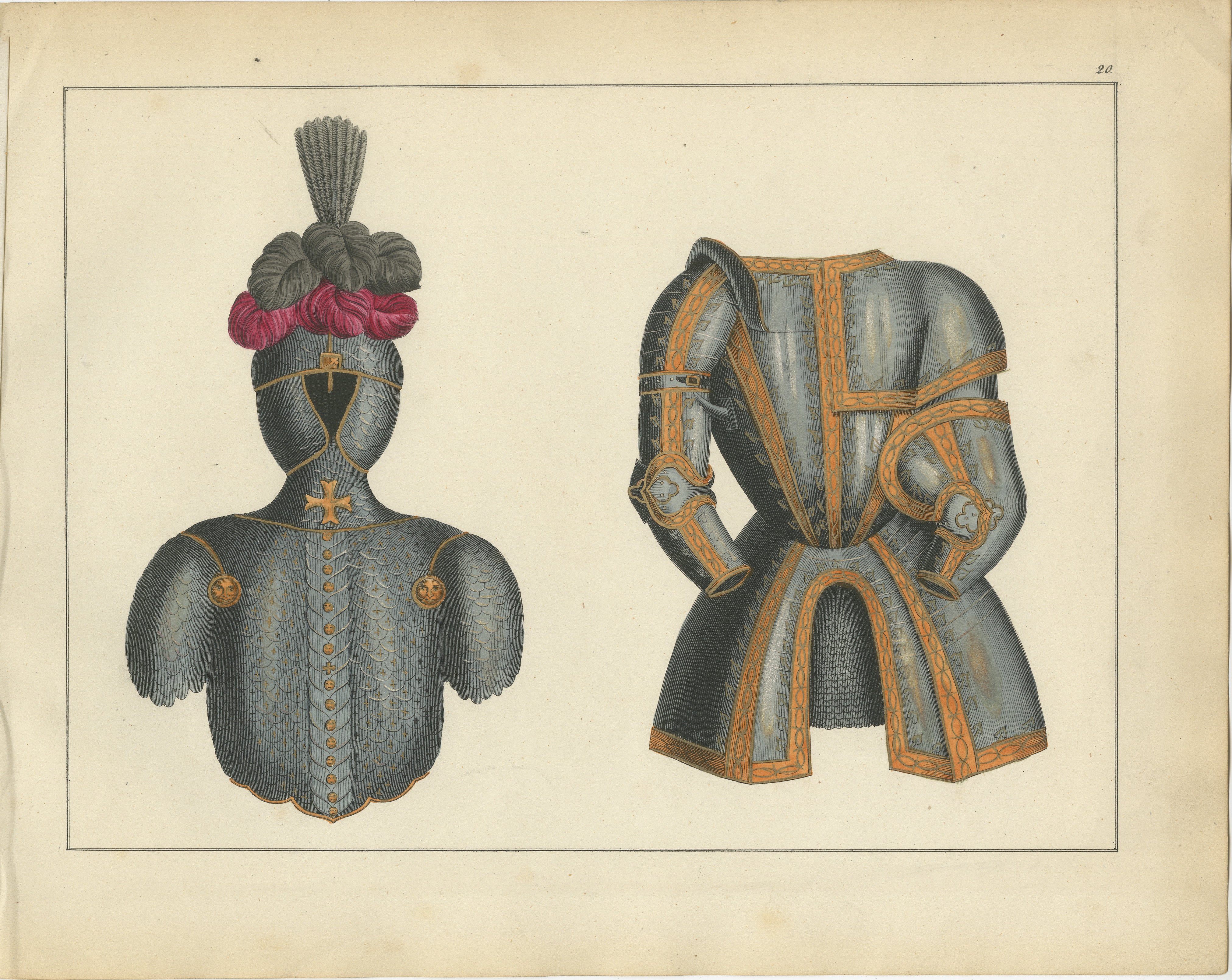 Titel: Handkolorierte Lithographie aus dem 19. Jahrhundert mit mittelalterlichen Rüstungen und Turniergewändern  

Beschreibung: Diese bezaubernde handkolorierte Lithografie zeigt zwei detailgetreue mittelalterliche Rüstungen, die die Grandeur und