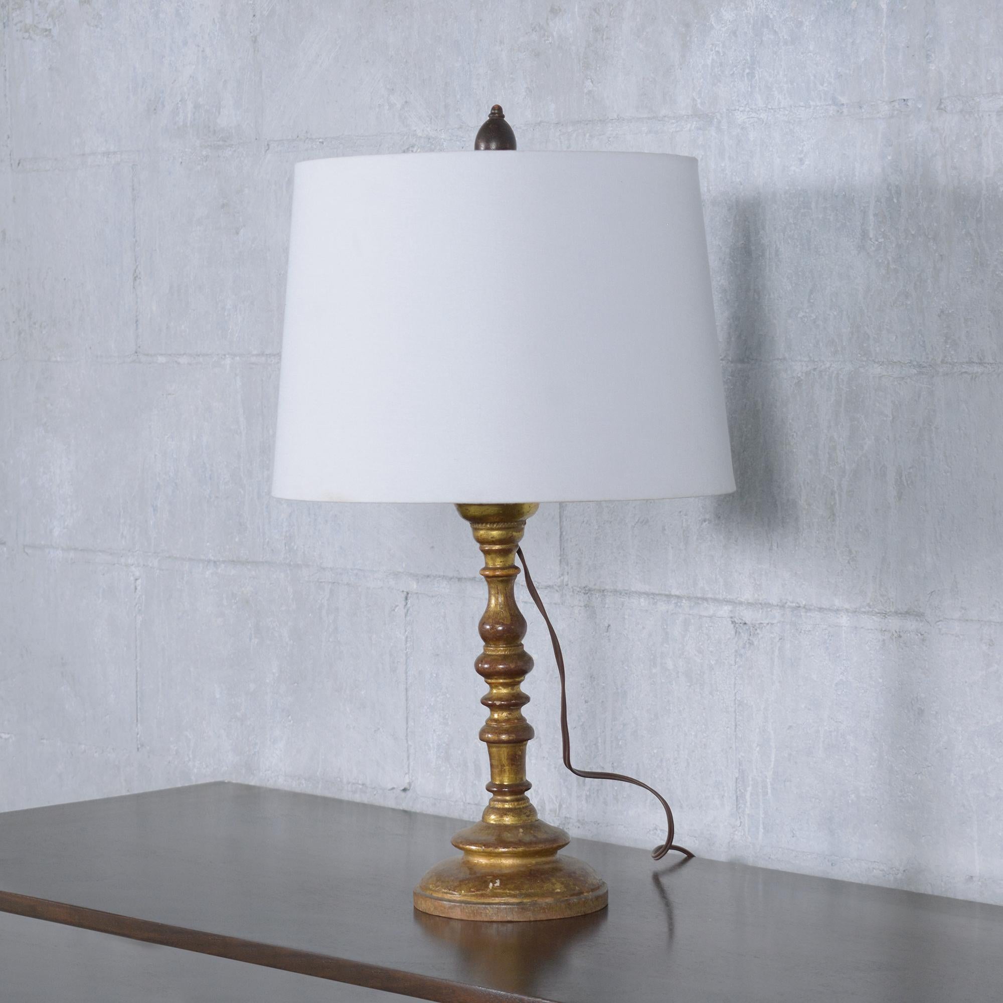 19th-Century Hand-Crafted Giltwood Table Lamp with New Off-White Shade In Good Condition In Los Angeles, CA