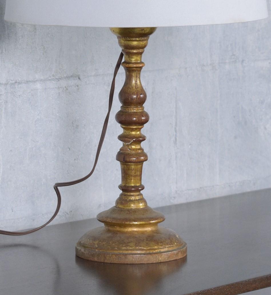 19th-Century Hand-Crafted Giltwood Table Lamp with New Off-White Shade 1