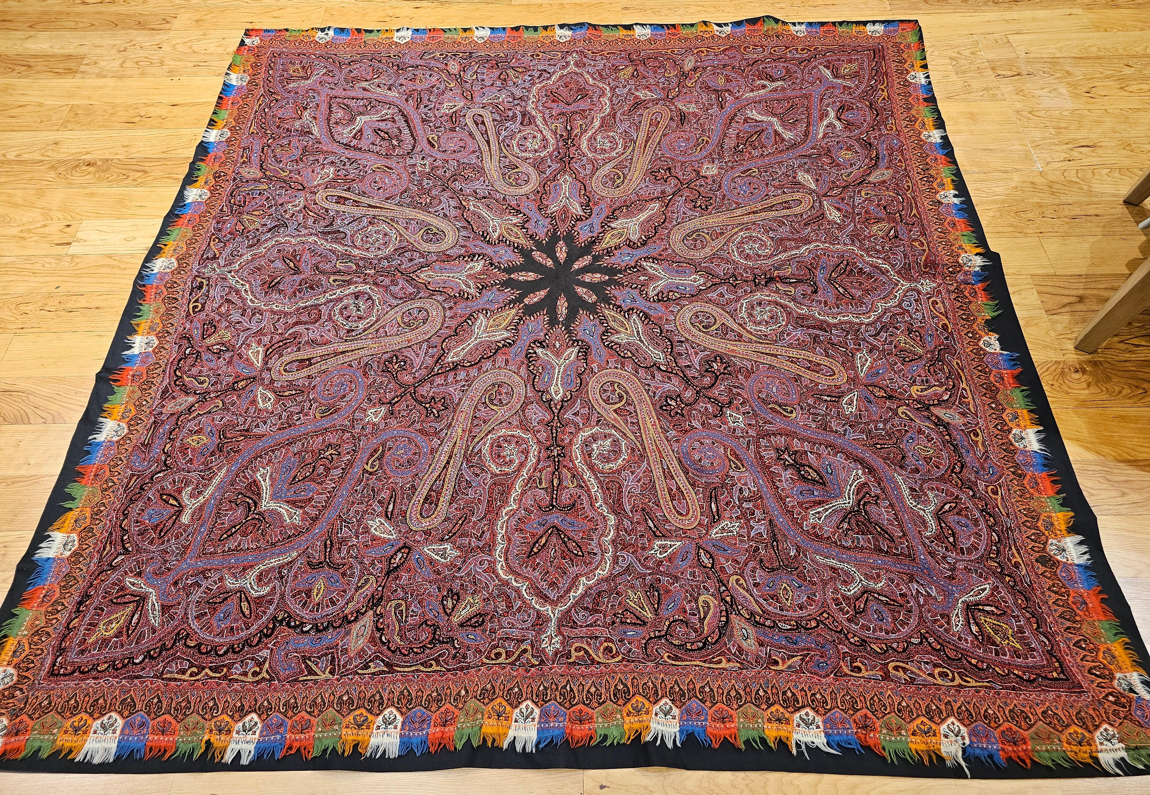 19th Century Hand Embroidered “Kashmiri Pieced Shawl” in Brick Red, Black, Blue For Sale 7