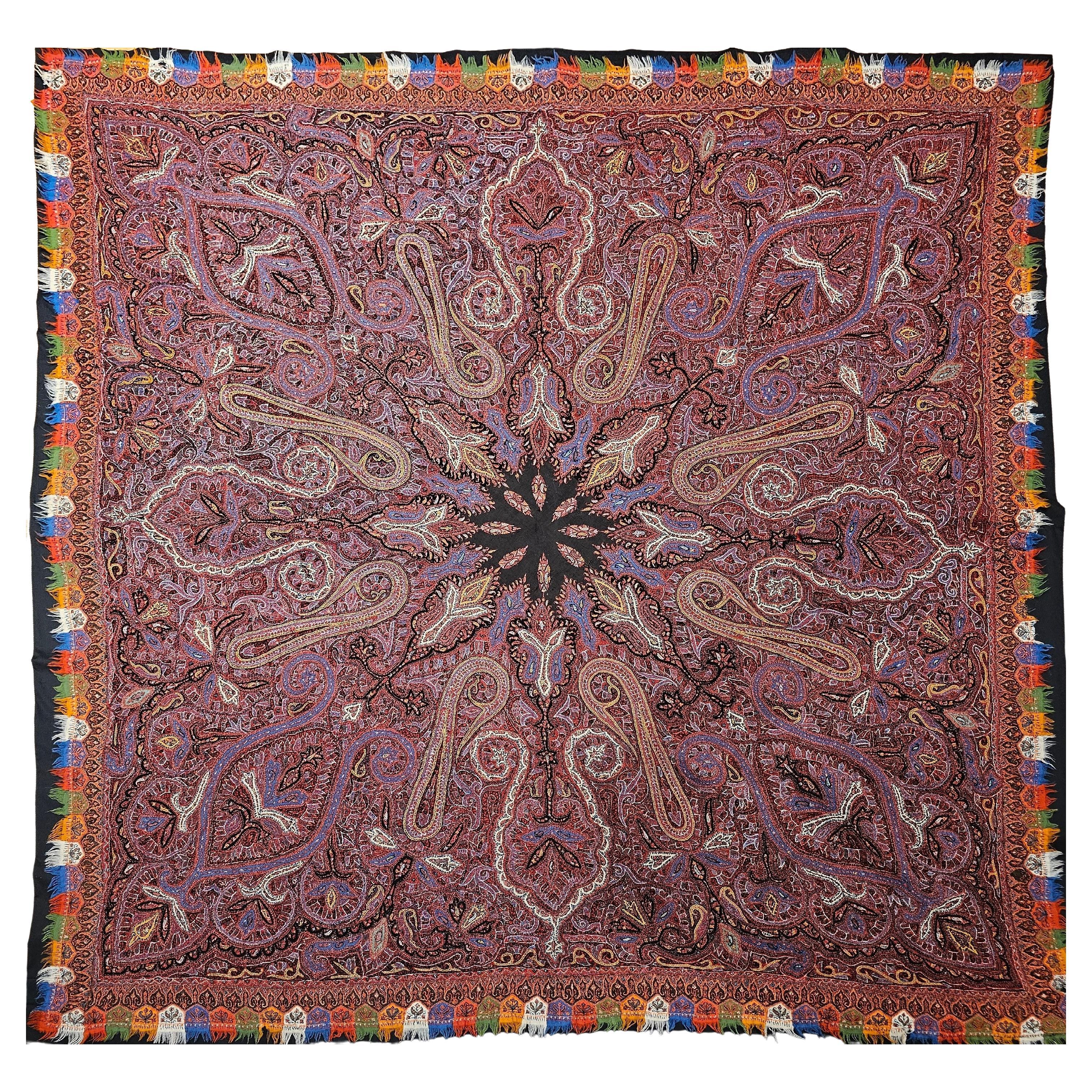Handbestickter Kaschmiri-Schal aus dem 19. Jahrhundert in Ziegelrot, Schwarz und Blau im Angebot 14