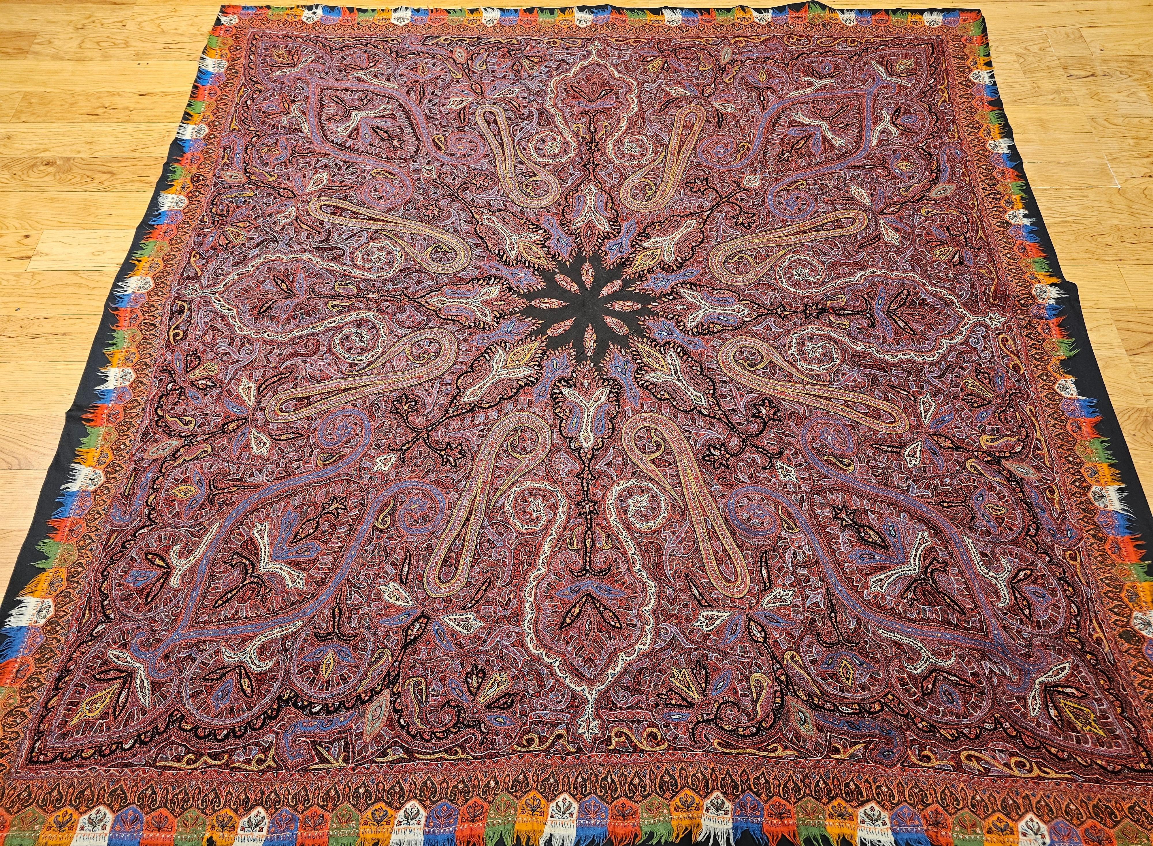 Indian 19th Century Hand Embroidered “Kashmiri Pieced Shawl” in Brick Red, Black, Blue For Sale