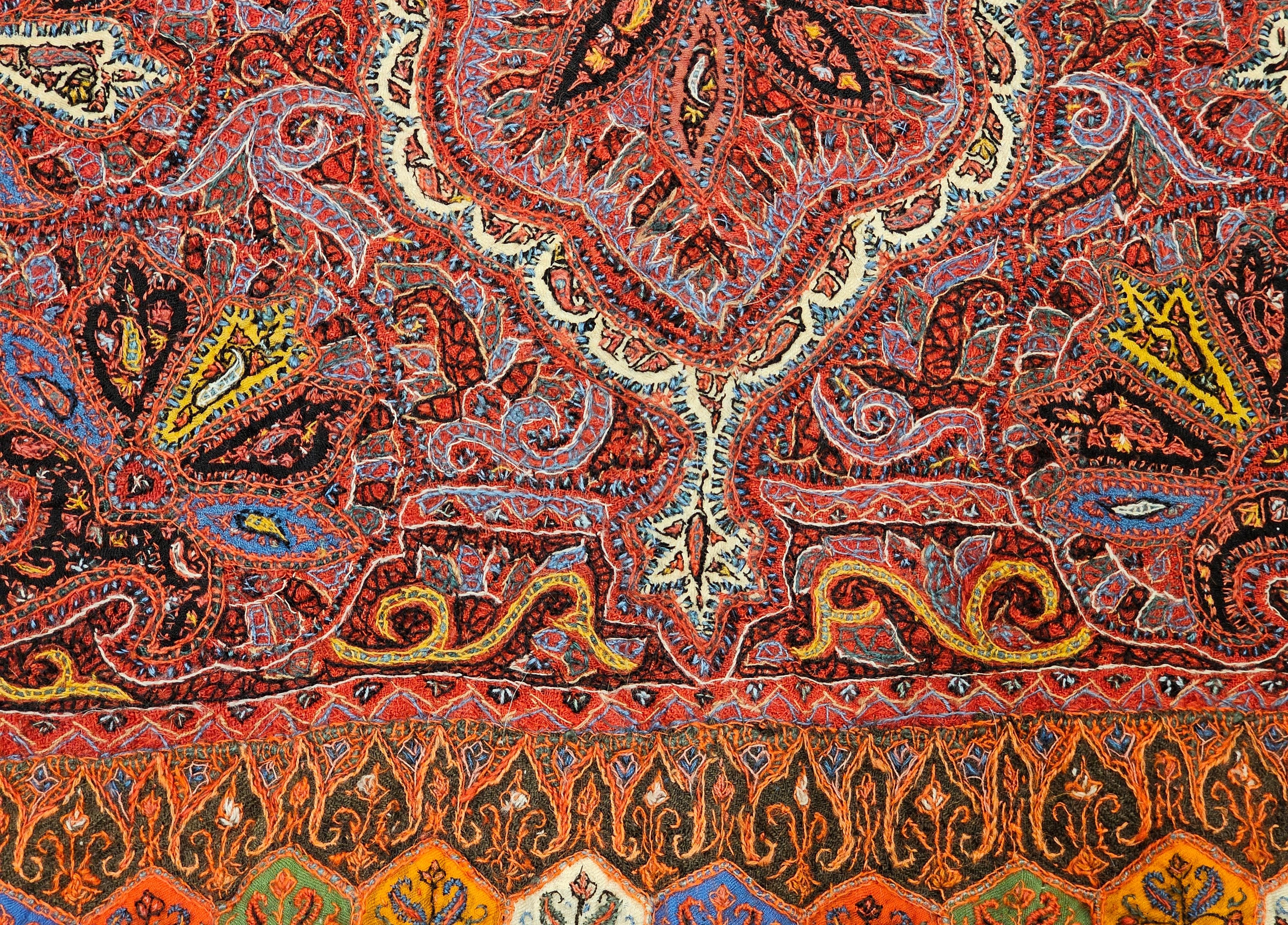 19th Century Hand Embroidered “Kashmiri Pieced Shawl” in Brick Red, Black, Blue For Sale 1
