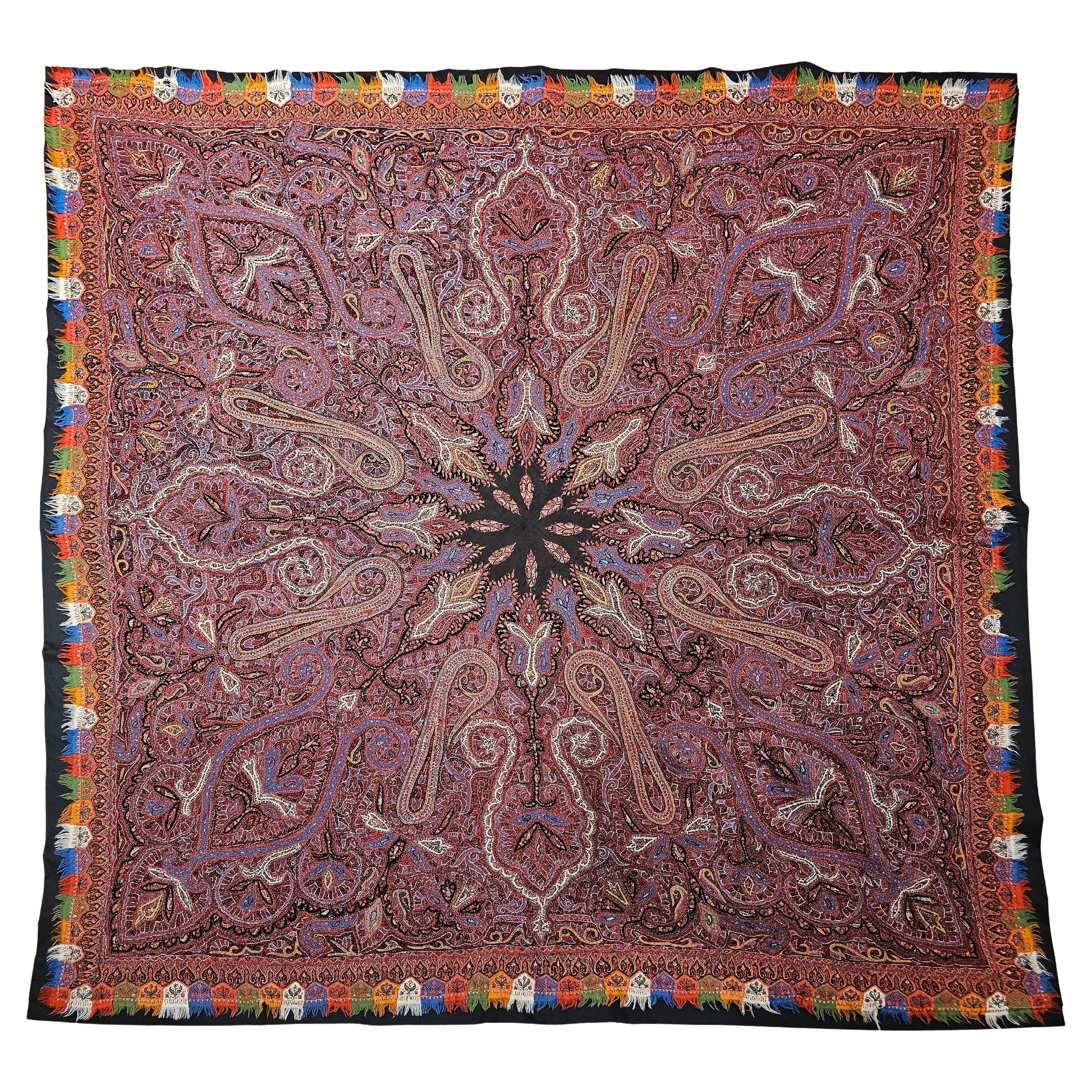 19th Century Hand Embroidered “Kashmiri Pieced Shawl” in Brick Red, Black, Blue For Sale