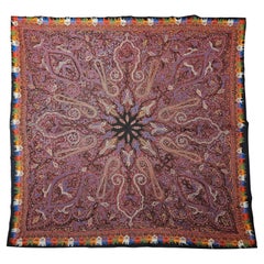 Used 19th Century Hand Embroidered “Kashmiri Pieced Shawl” in Brick Red, Black, Blue