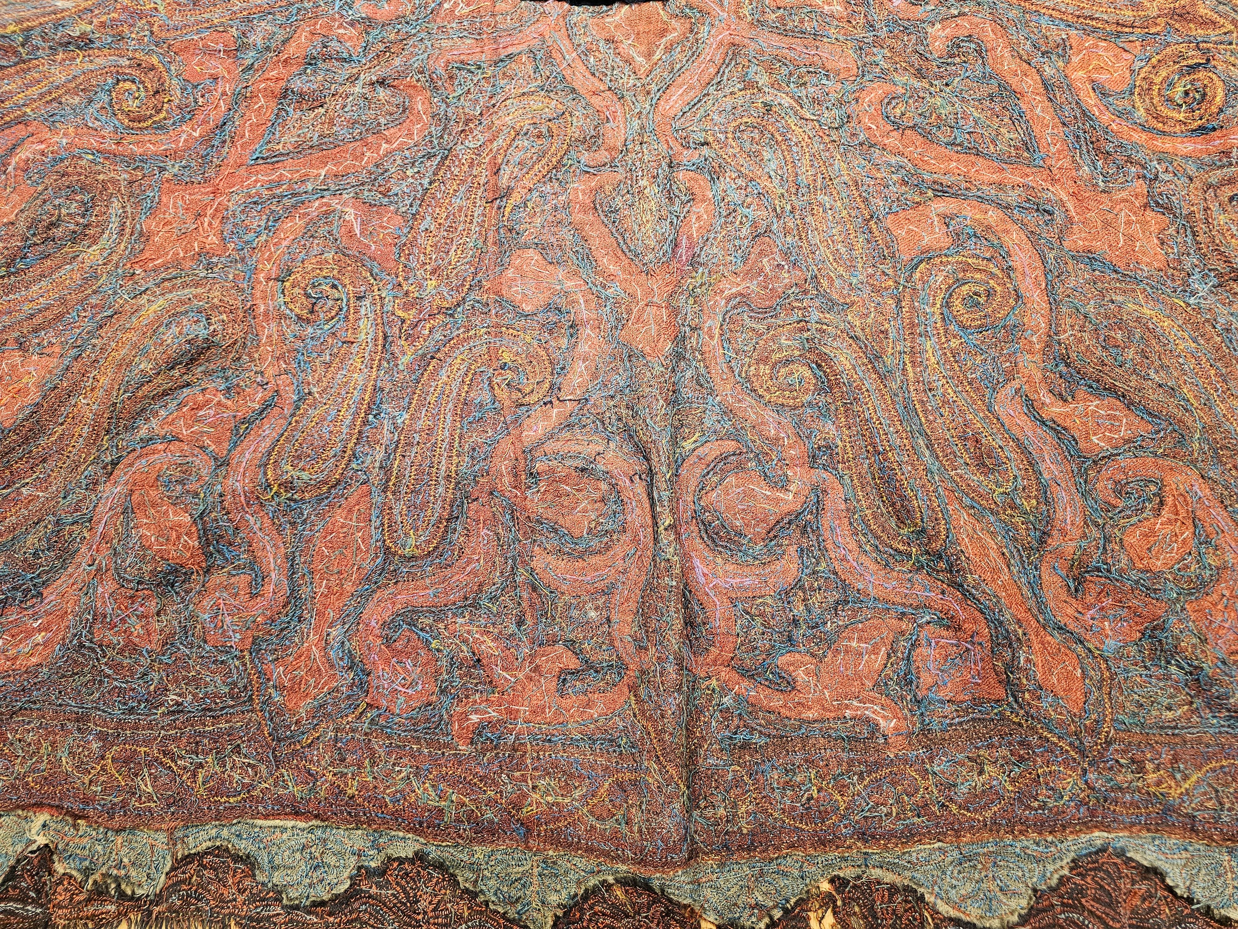 19th Century Hand-Embroidered Kashmiri Pieced Shawl in Burgundy, Black, Brown For Sale 5