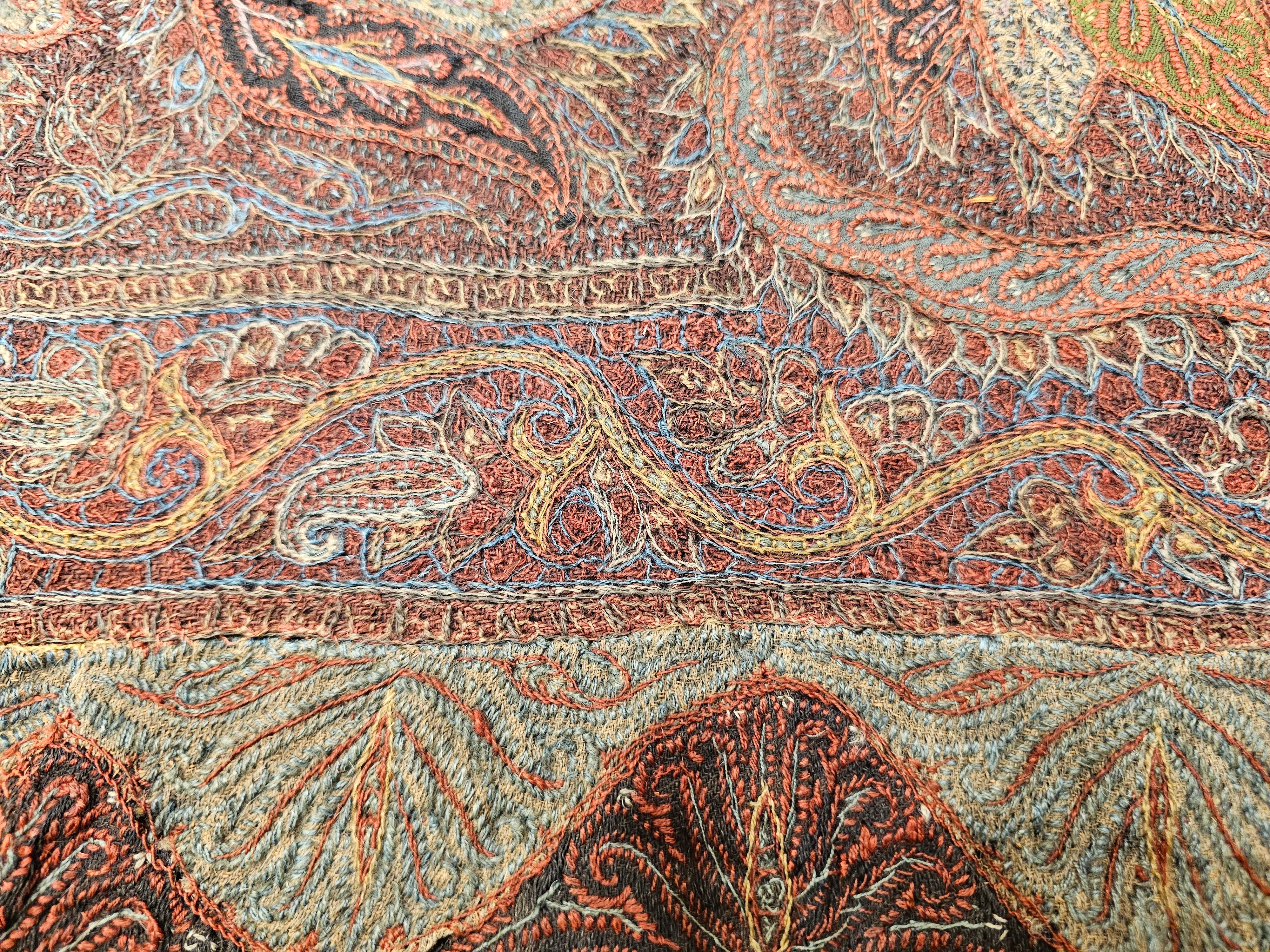 19th Century Hand-Embroidered Kashmiri Pieced Shawl in Burgundy, Black, Brown For Sale 9