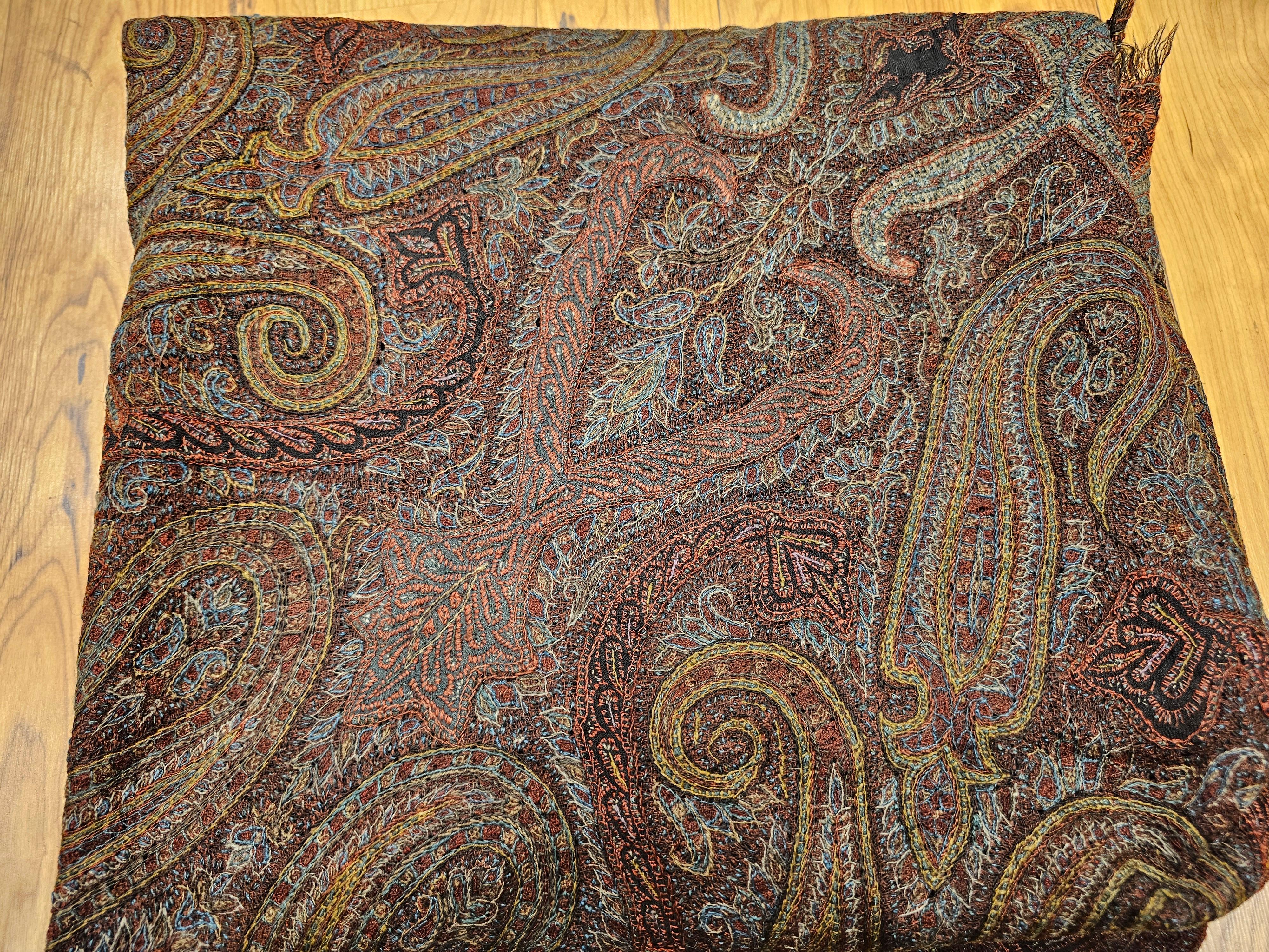 19th Century Hand-Embroidered Kashmiri Pieced Shawl in Burgundy, Black, Brown For Sale 10
