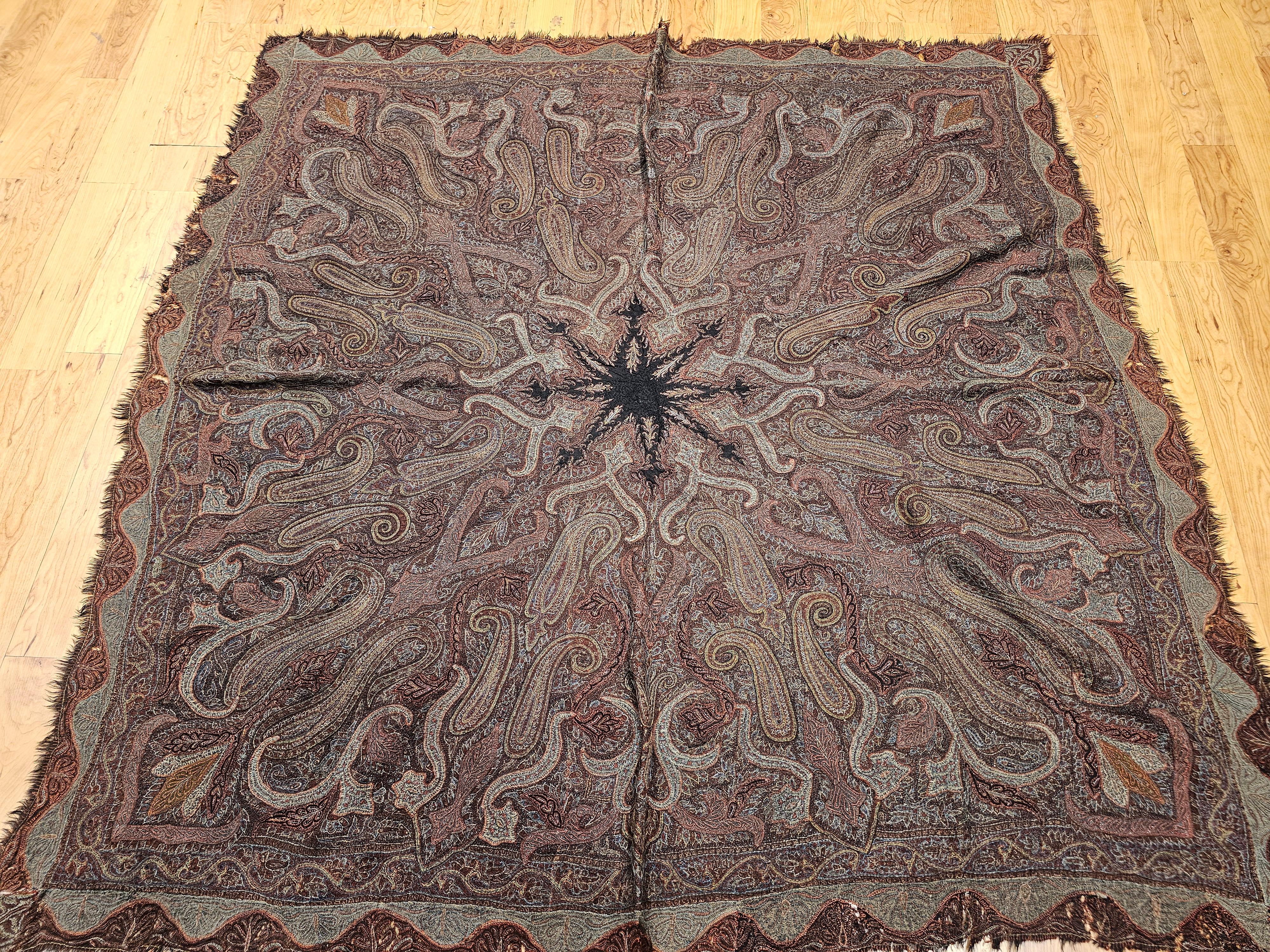 19th Century Hand-Embroidered Kashmiri Pieced Shawl in Burgundy, Black, Brown For Sale 11