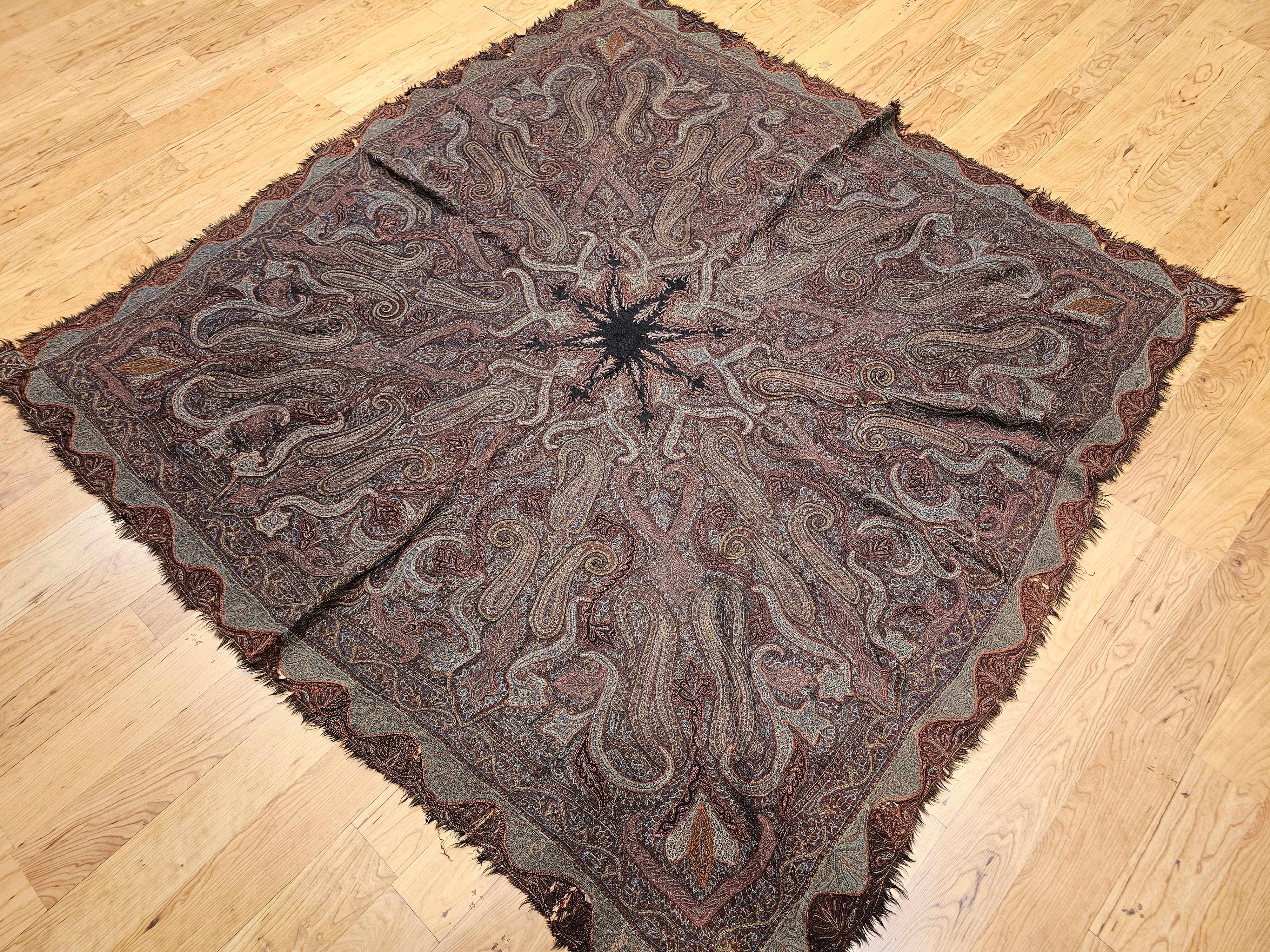 19th Century Hand-Embroidered Kashmiri Pieced Shawl in Burgundy, Black, Brown For Sale 12