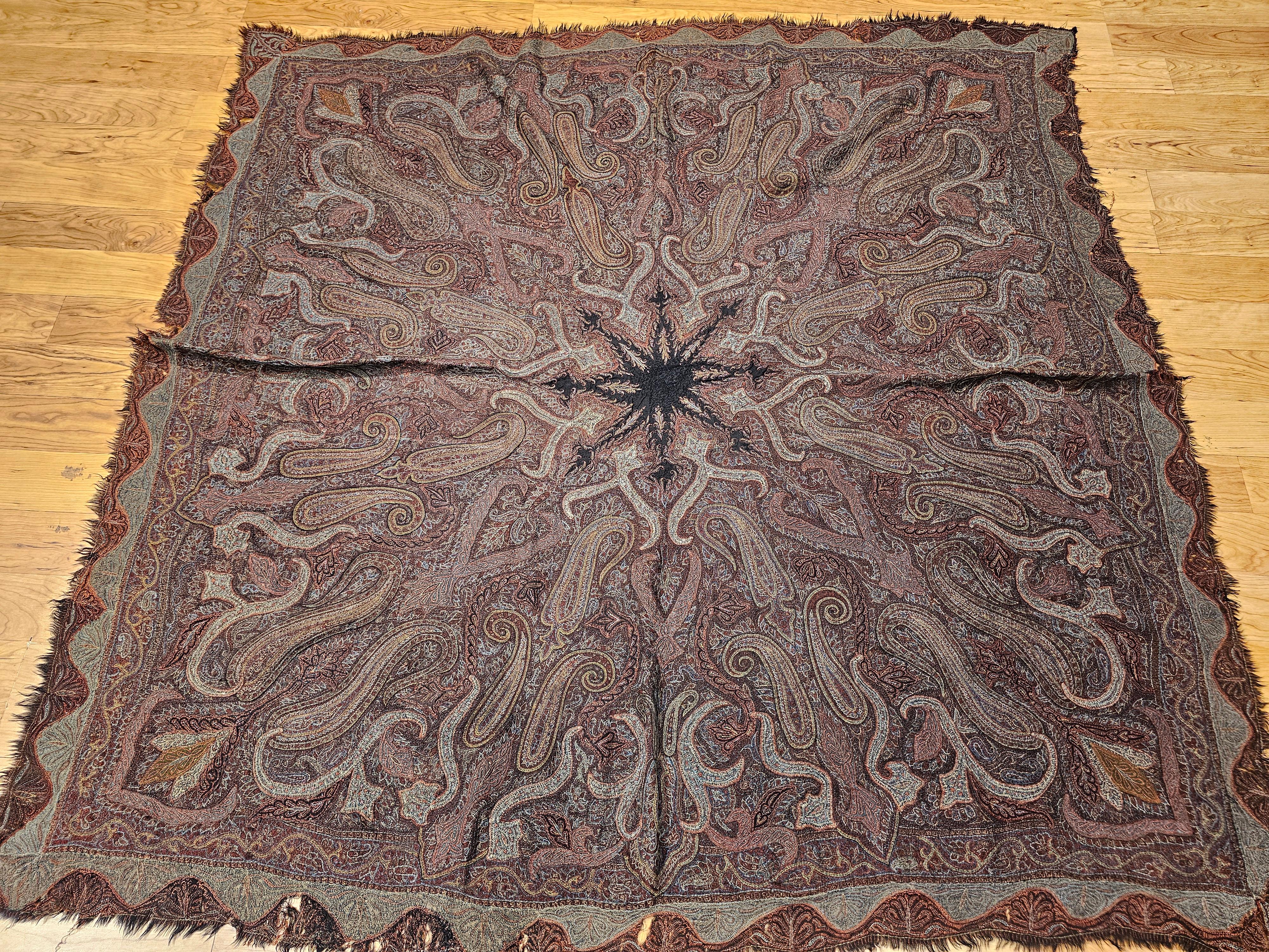 19th Century Hand-Embroidered Kashmiri Pieced Shawl in Burgundy, Black, Brown For Sale 13