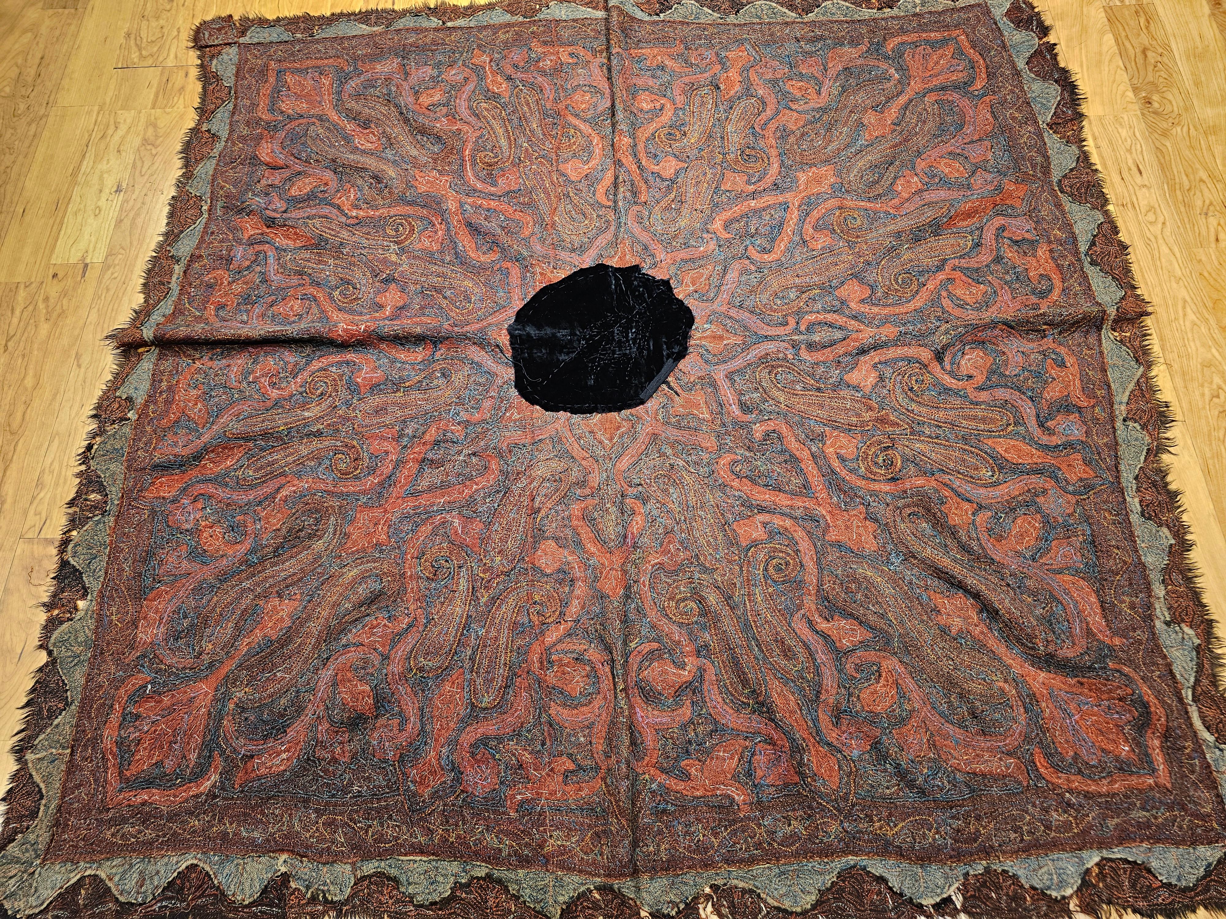 19th Century Hand-Embroidered Kashmiri Pieced Shawl in Burgundy, Black, Brown For Sale 14
