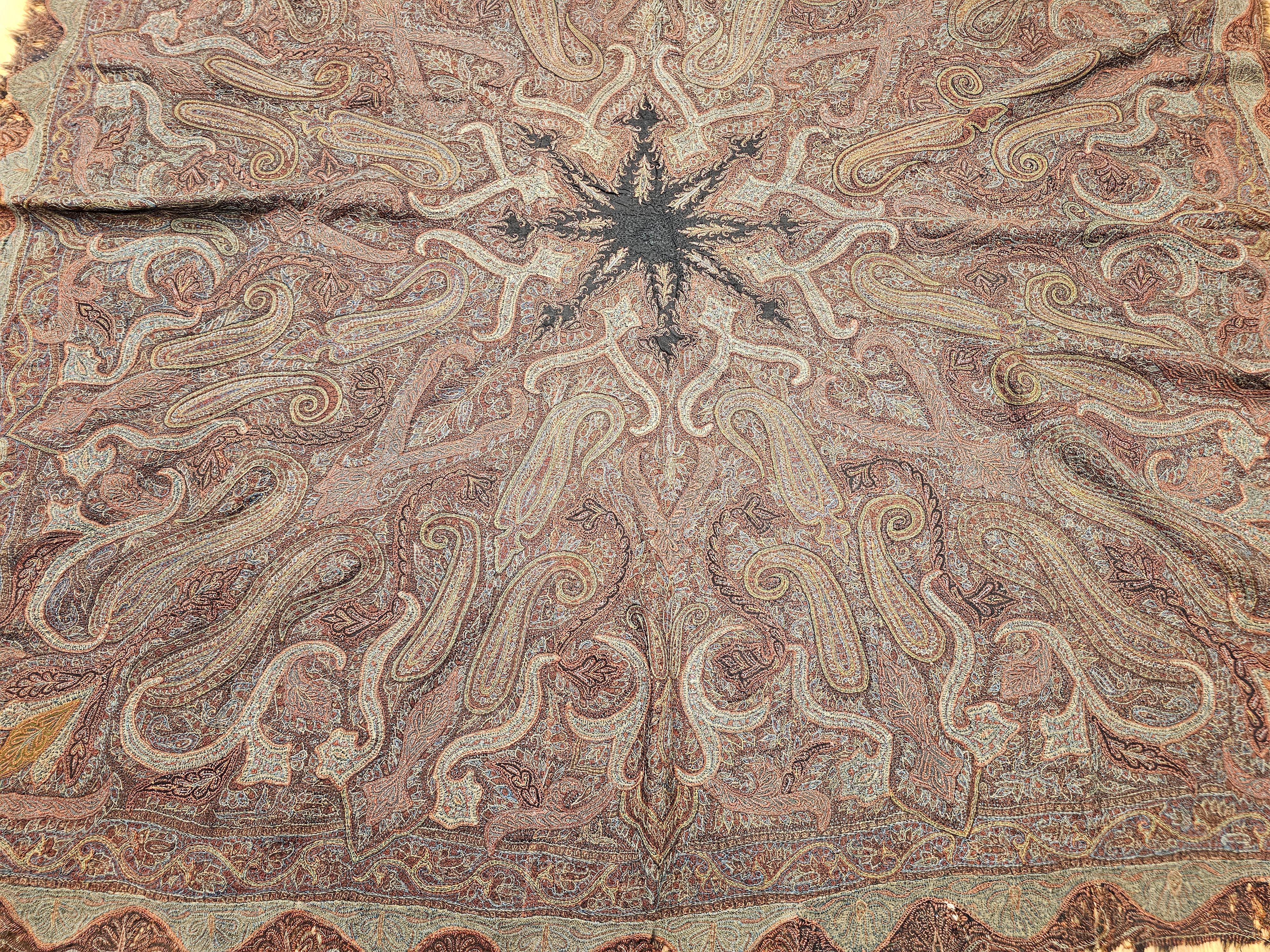 Indian 19th Century Hand-Embroidered Kashmiri Pieced Shawl in Burgundy, Black, Brown For Sale