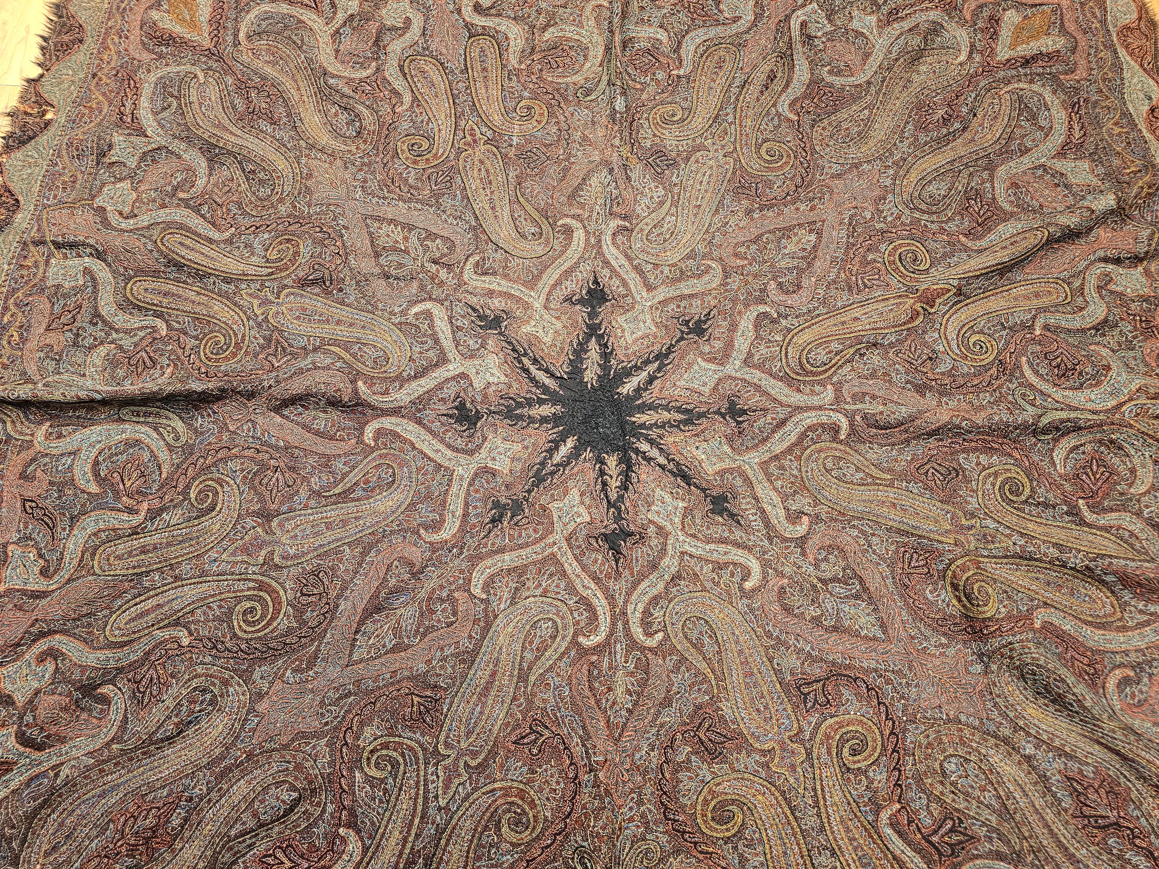 Hand-Crafted 19th Century Hand-Embroidered Kashmiri Pieced Shawl in Burgundy, Black, Brown For Sale