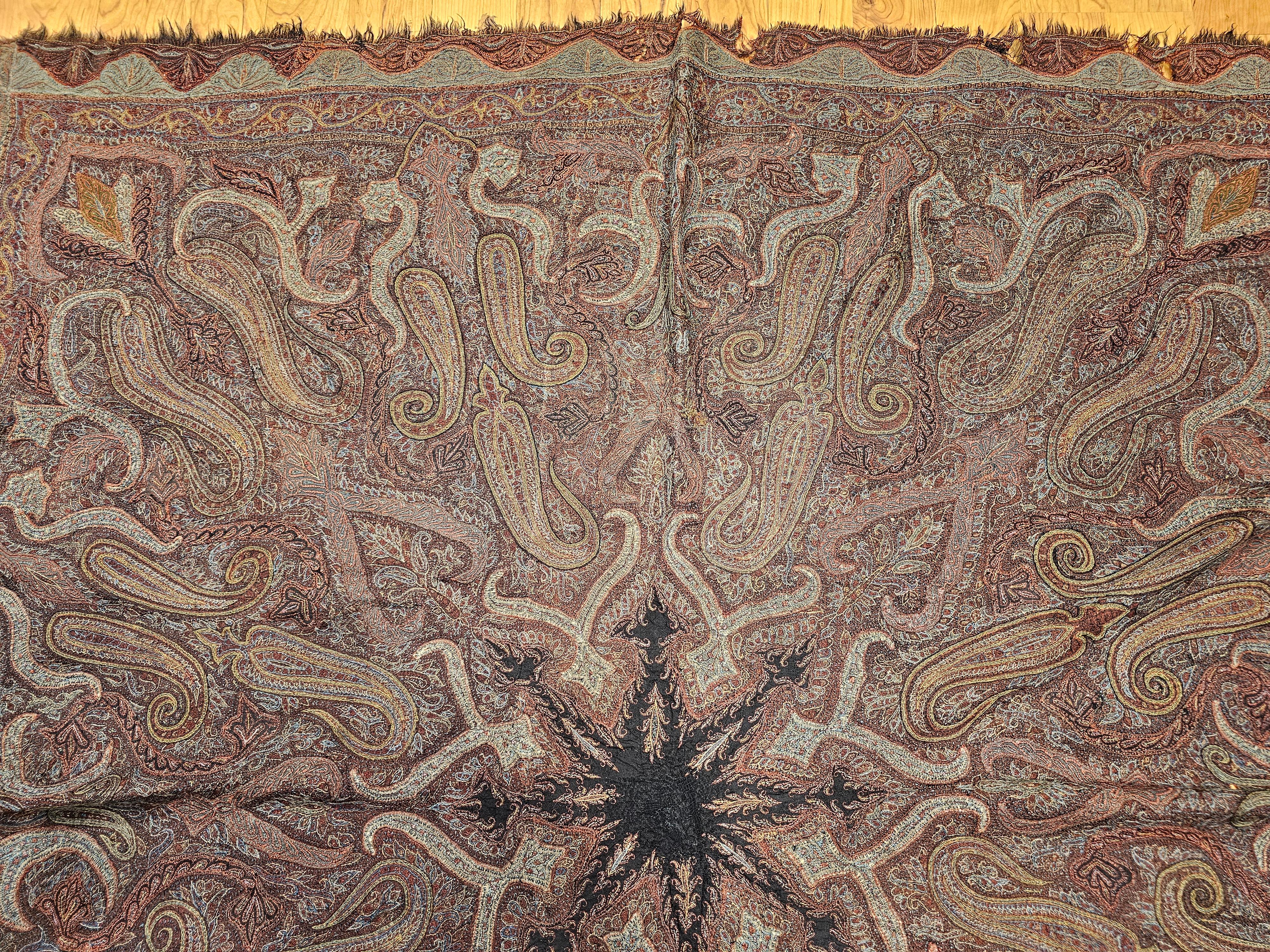 19th Century Hand-Embroidered Kashmiri Pieced Shawl in Burgundy, Black, Brown In Good Condition For Sale In Barrington, IL
