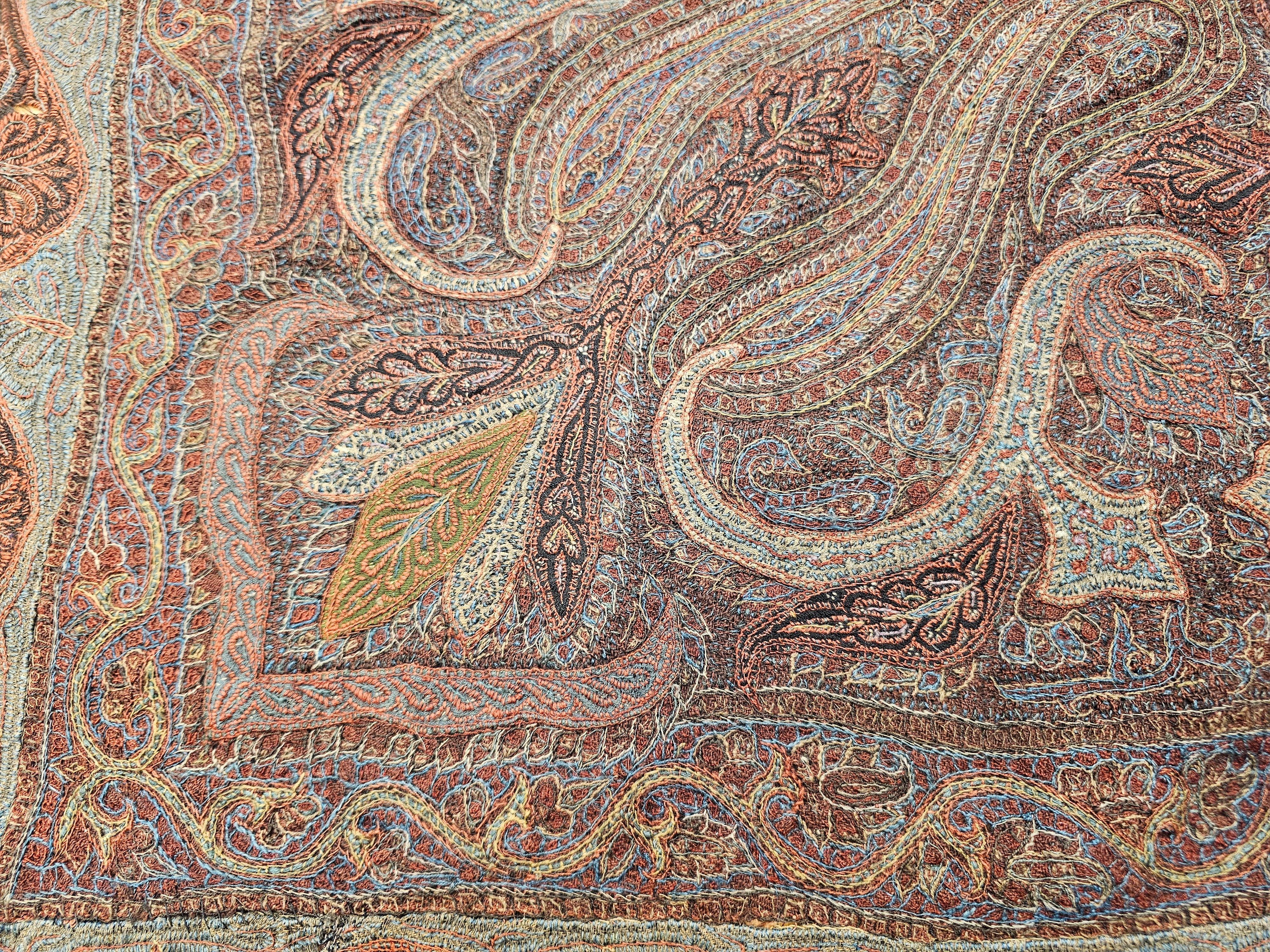 Wool 19th Century Hand-Embroidered Kashmiri Pieced Shawl in Burgundy, Black, Brown For Sale