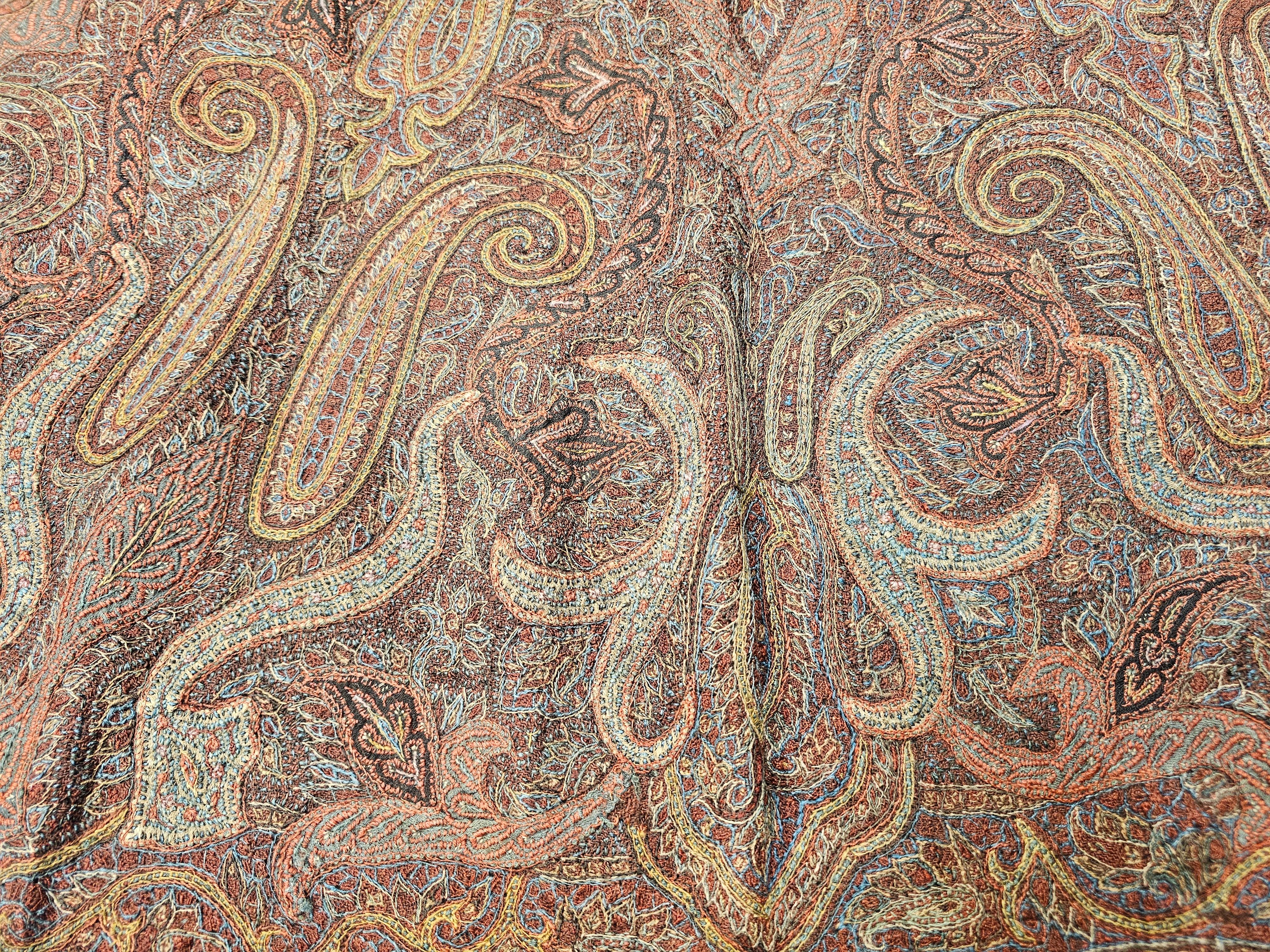 19th Century Hand-Embroidered Kashmiri Pieced Shawl in Burgundy, Black, Brown For Sale 3