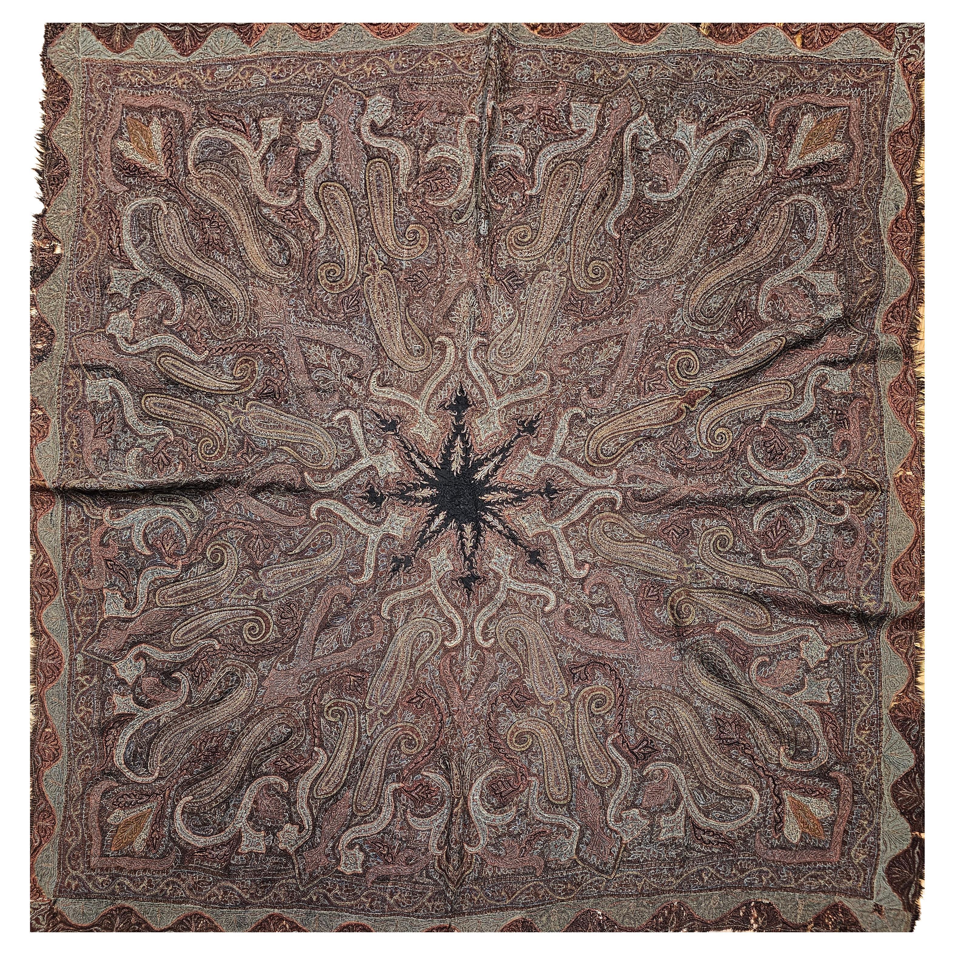 19th Century Hand-Embroidered Kashmiri Pieced Shawl in Burgundy, Black, Brown