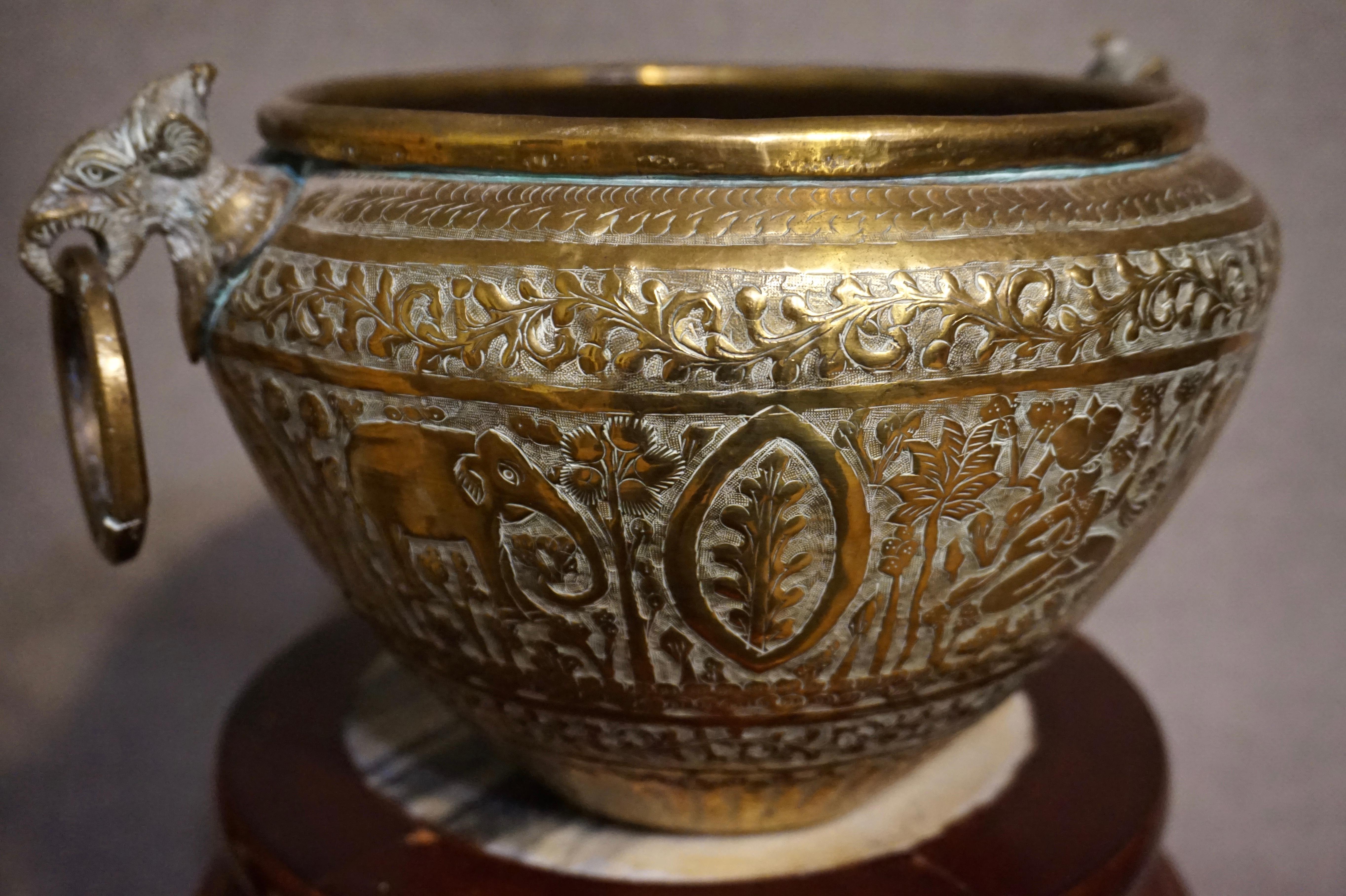 Primitive 19th Century Hand Engraved Fine British India Brass Jardinière Planter Vase
