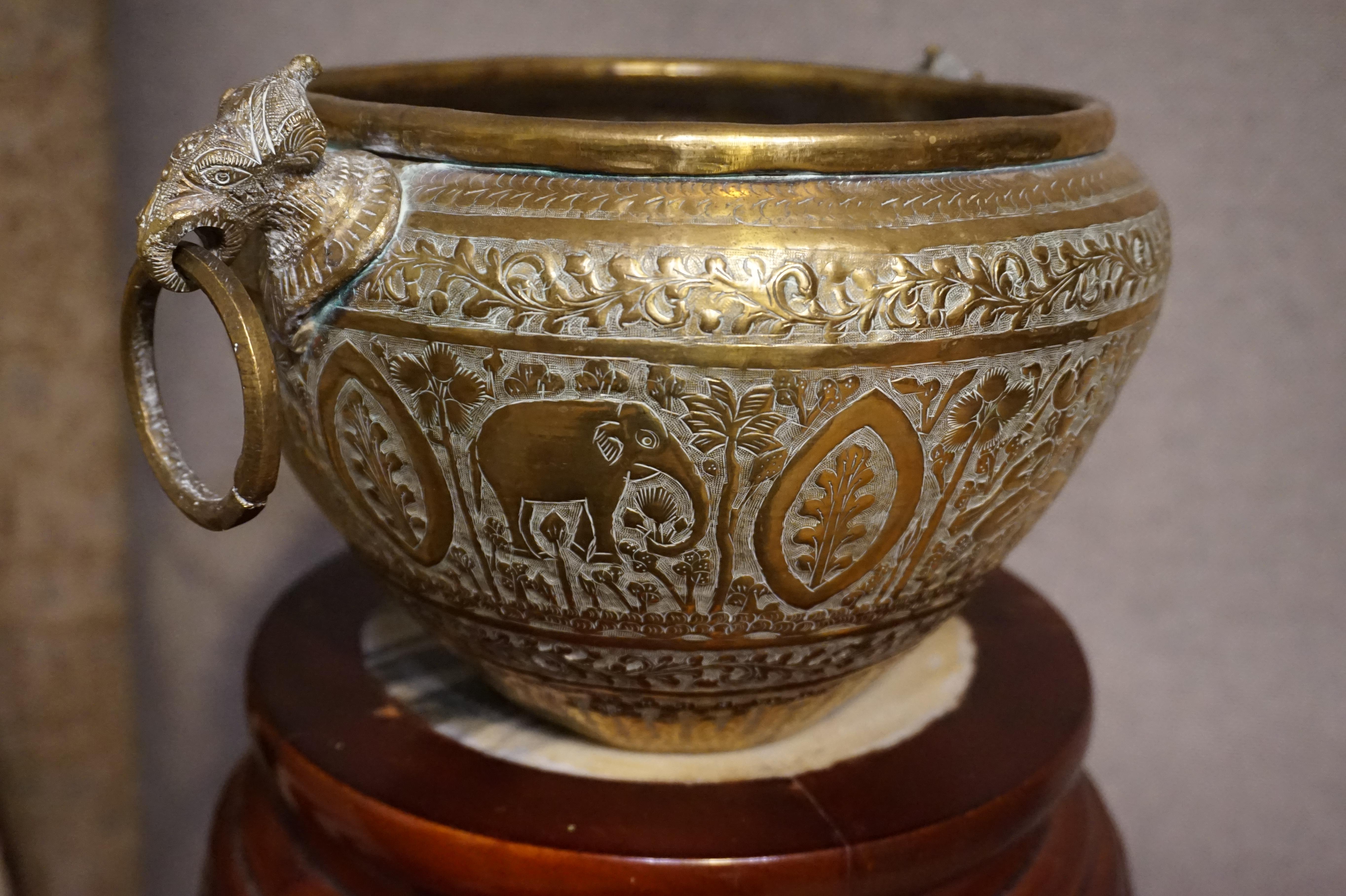 Late 19th Century 19th Century Hand Engraved Fine British India Brass Jardinière Planter Vase