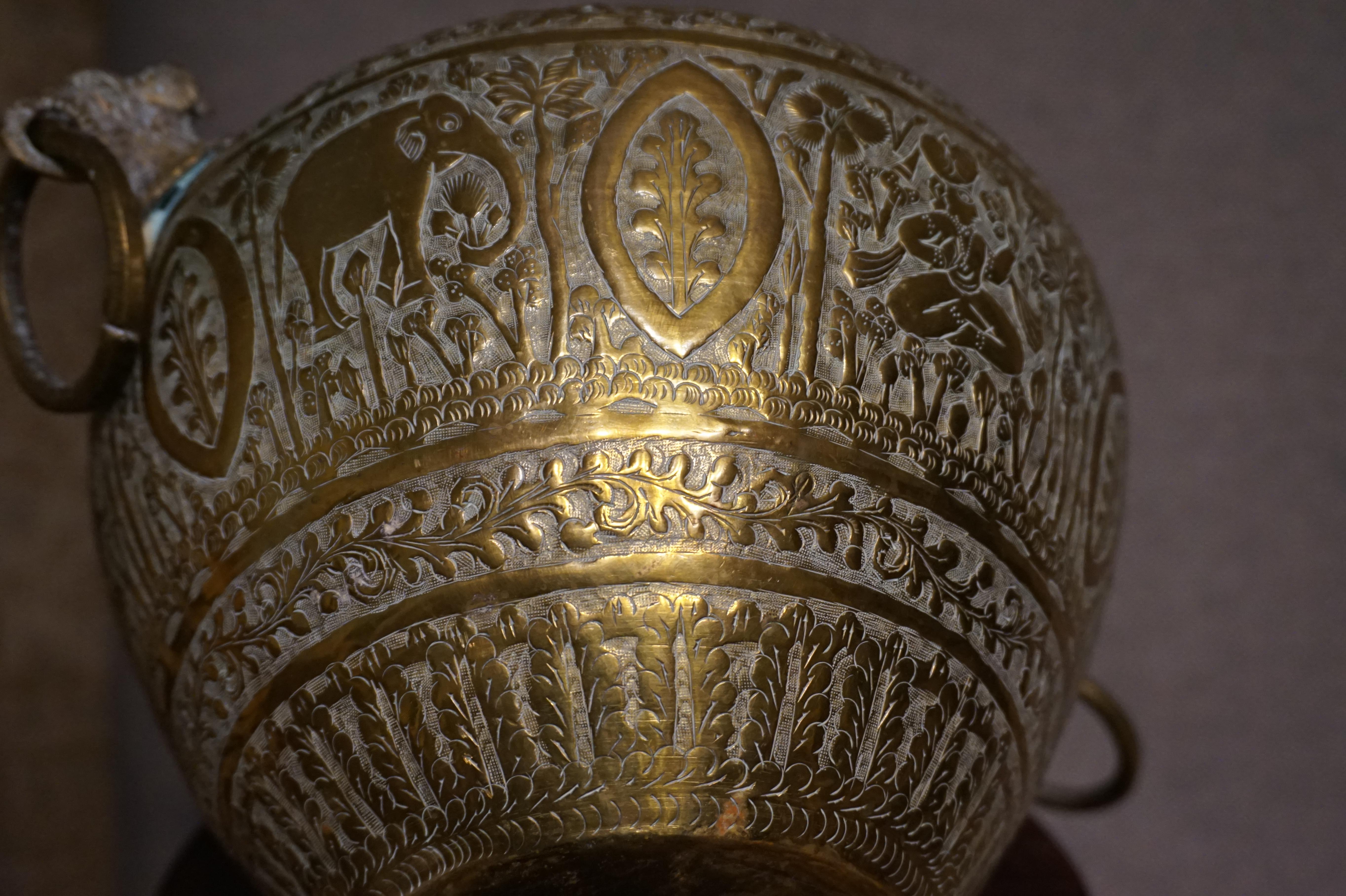 19th Century Hand Engraved Fine British India Brass Jardinière Planter Vase 1