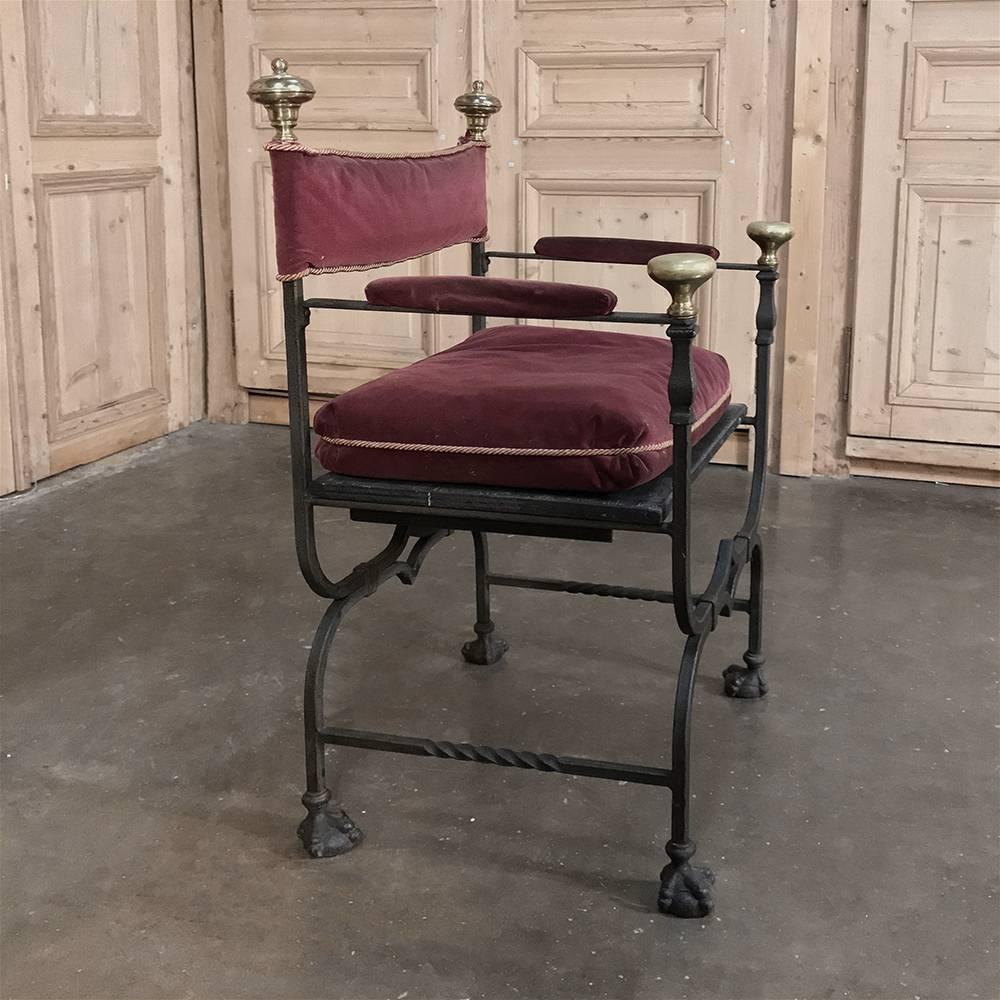 French 19th Century Hand Forged Wrought Iron and Bronze Faldistorio Campaign Armchair