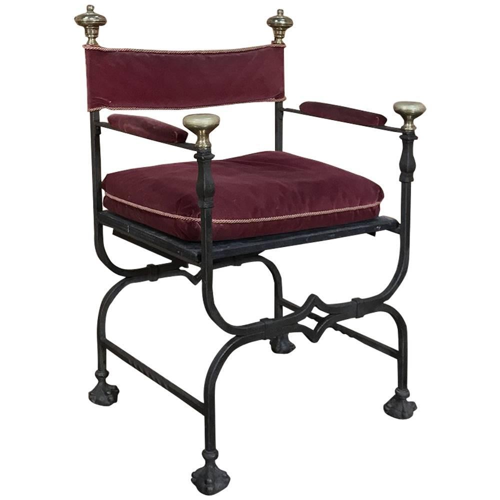 19th Century Hand Forged Wrought Iron and Bronze Faldistorio Campaign Armchair