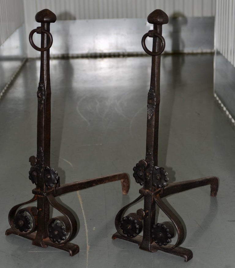 American Empire 19th Century Hand Forged Wrought Iron Andirons For Sale