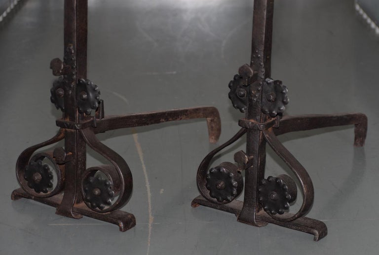 American 19th Century Hand Forged Wrought Iron Andirons For Sale